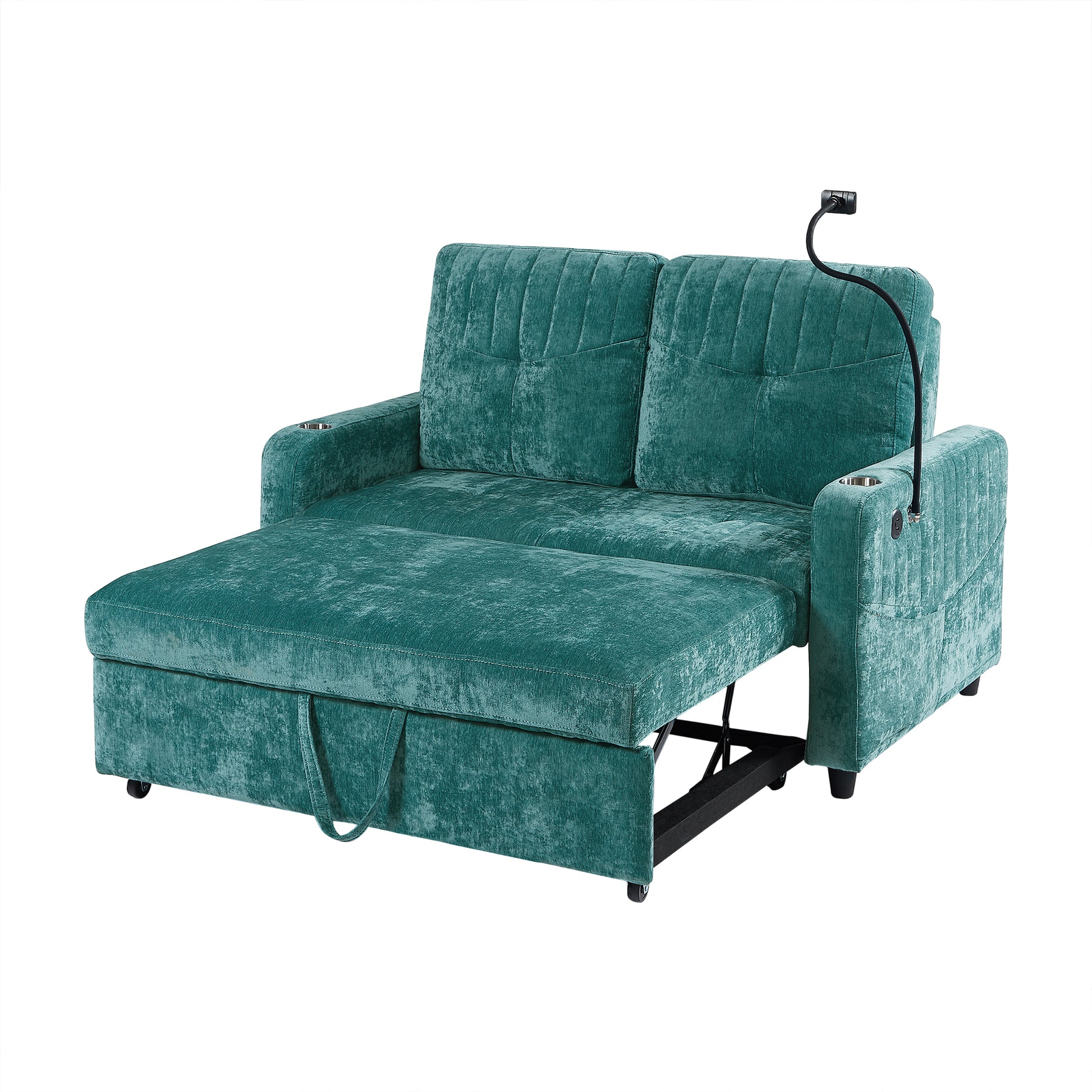 53.9" Modern Loveseat Pull Out Sofa Bed With Adjustable Backrest, Two Cup Holdersa Phone Holder, Three Charging Ports And Side Storage Pockets For Living Room, Teal Teal Foam Chenille