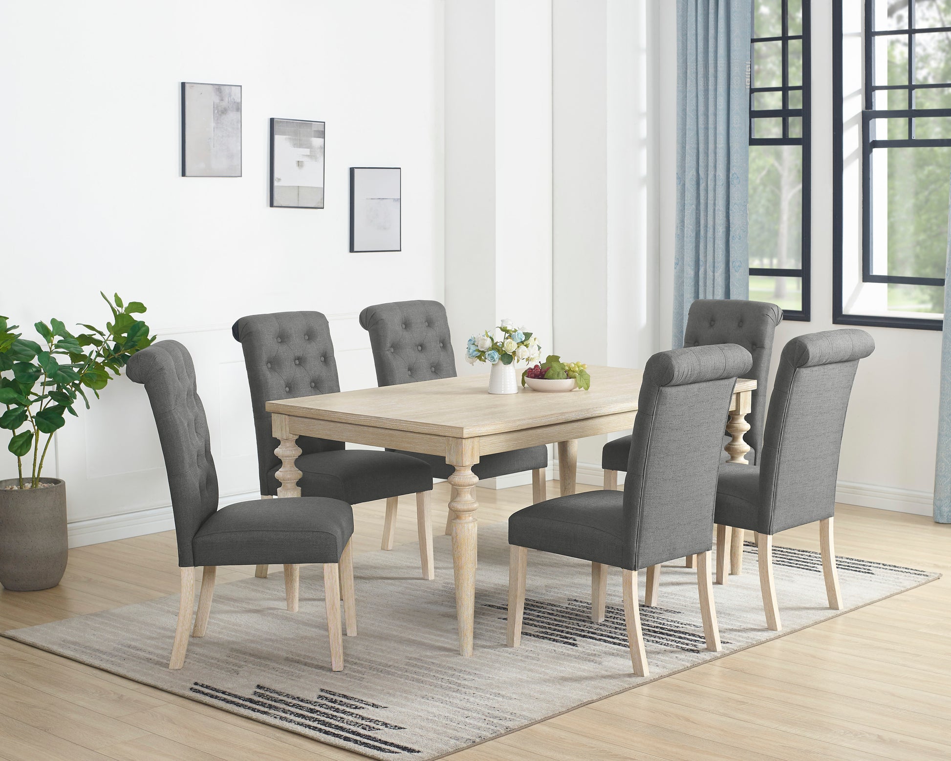 Amonia 7 Piece Dining Set, Turned Leg Dining Table With 6 Tufted Chairs Light Brown Wood Dining Room Fixed Table Rubberwood Rectangular Dining Table With Chair Wood Wood Beige Brown Seats 6 Rectangular 4 Leg Mdf