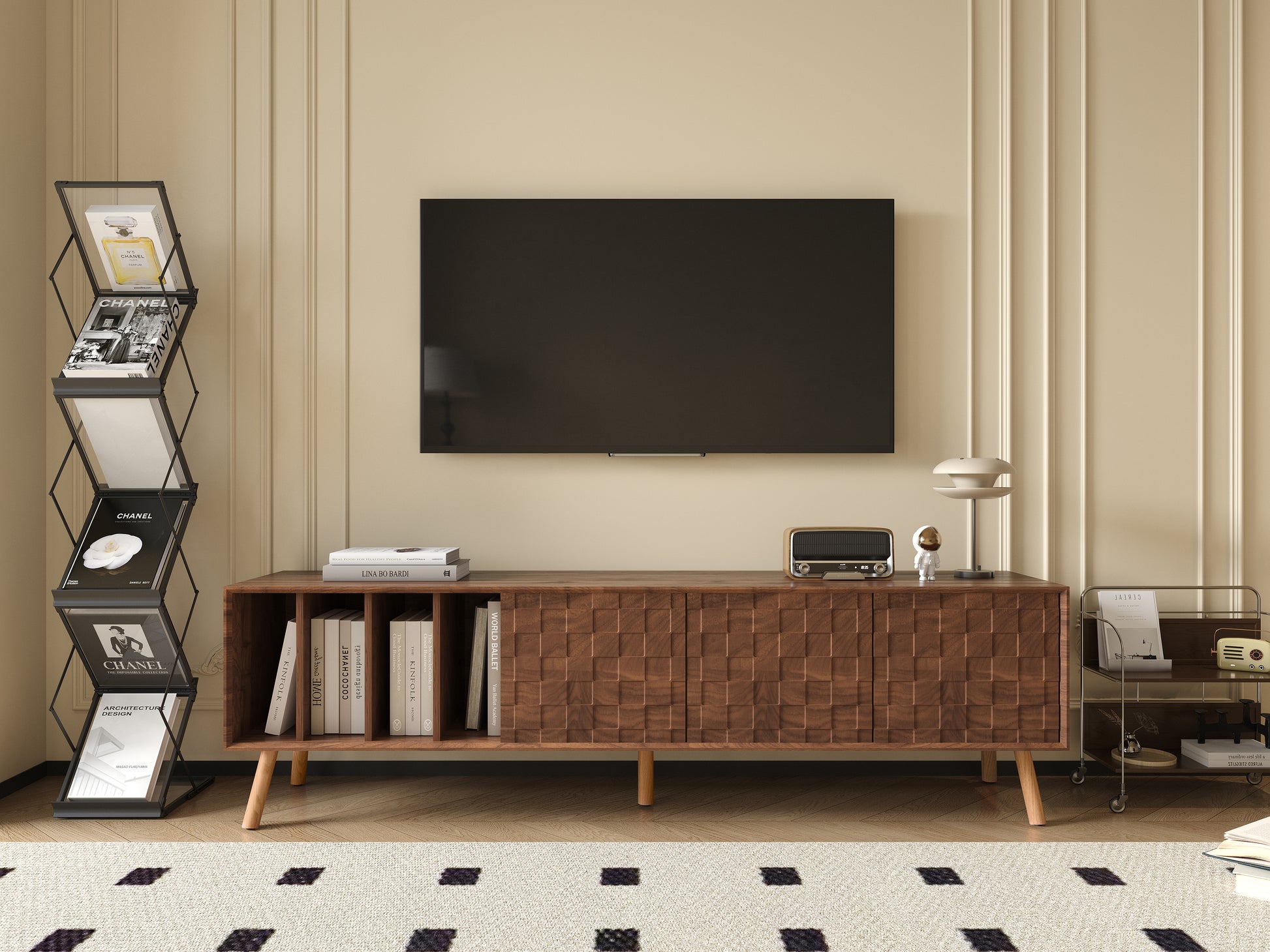 70" Mid Century Modern Tv Stand, Media Console Table For Tvs Up To 80'', Entertainment Center With 5 Solid Wood Legs For Living Room, Bedroom Walnut Primary Living Space 70 79 Inches 70 79 Inches