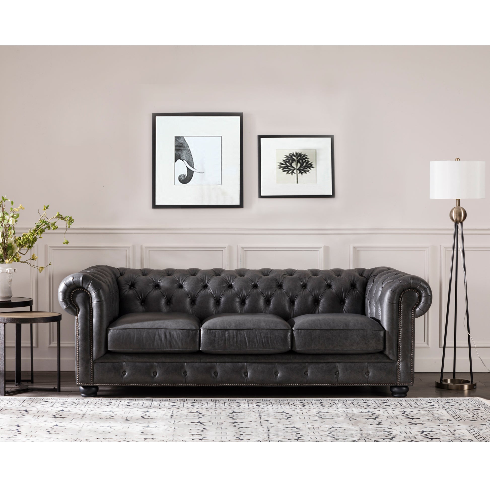 Traditional Tufted Leather Chesterfield Sofa Gray Leather 3 Seat