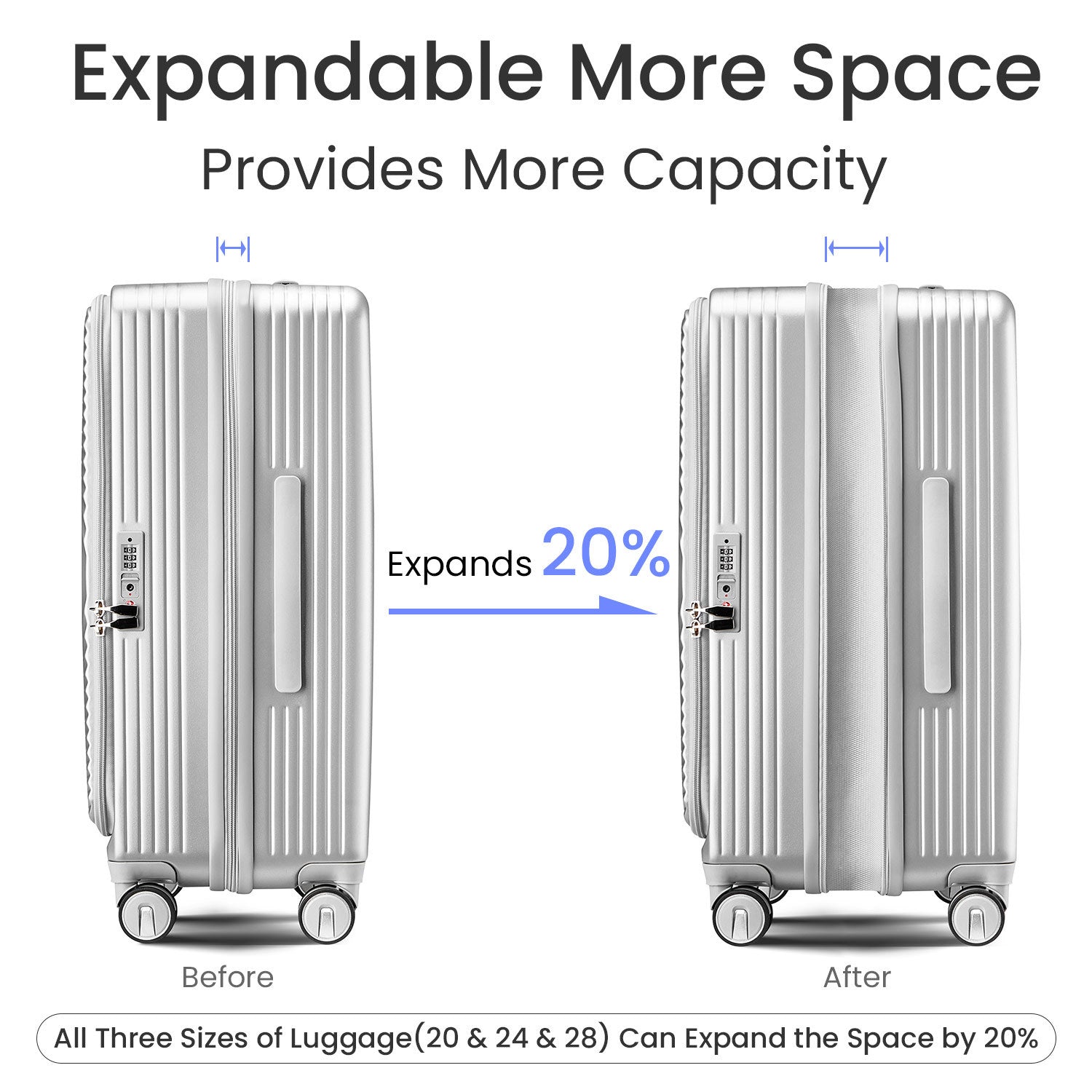 Luggage Sets 3 Piece 20 24 28 , Expandable Carry On Luggage With Tsa Lock Airline Approved, 100% Pc Hard Shell And Lightweight Suitcase With Front Pocket And Spinner Wheels Silver Pc