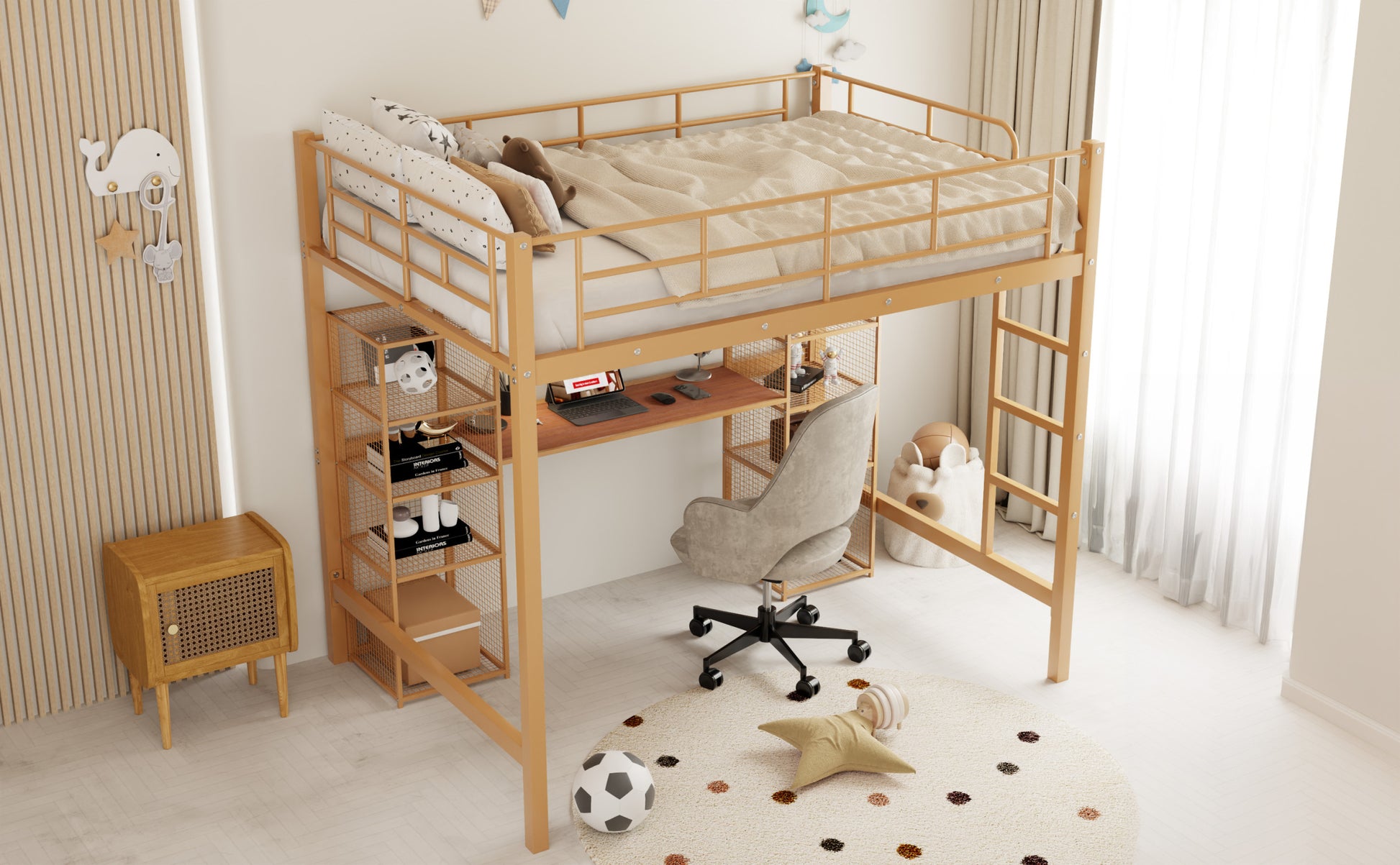 Full Size Metal Loft Bed With Built In Desk And Shelves, Gold Brown Box Spring Not Required Full Brown Gold Metal Bedroom Mdf Metal