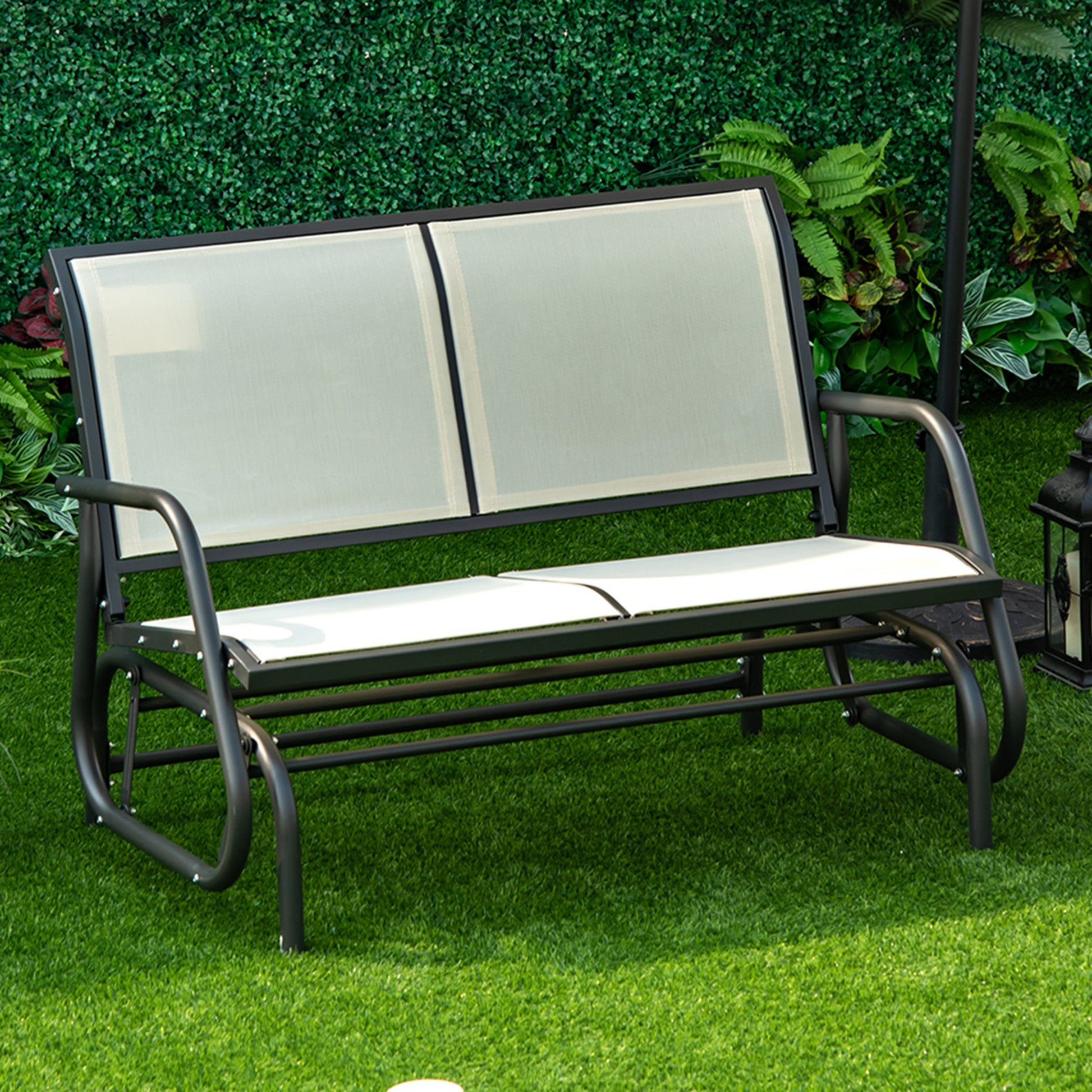 Outsunny 2 Person Outdoor Glider Bench, Patio Double Swing Rocking Chair Loveseat W Powder Coated Steel Frame For Backyard Garden Porch, Beige Beige Steel