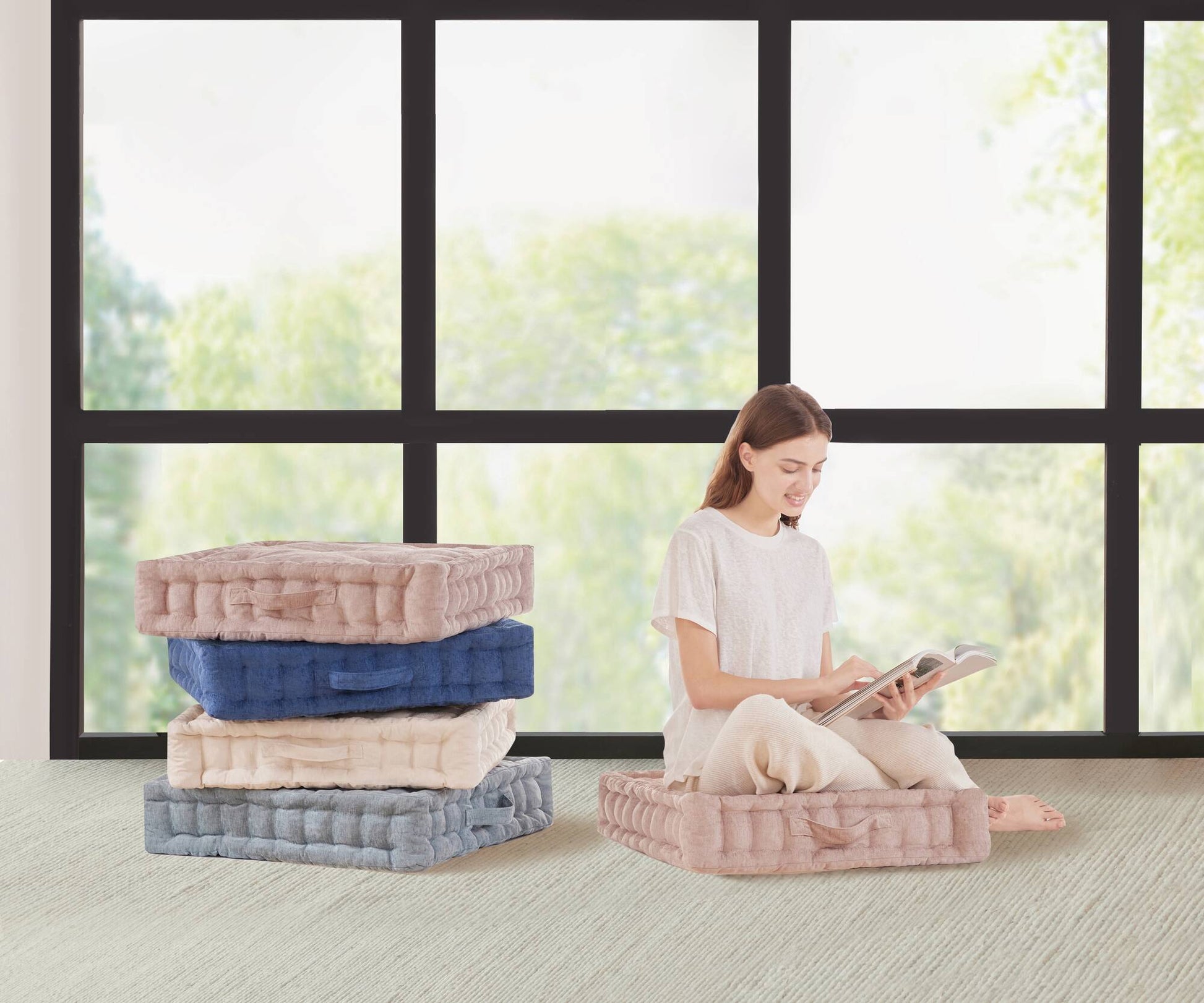 Poly Chenille Square Floor Pillow Cushion 24X24" Navy Blue Polyester