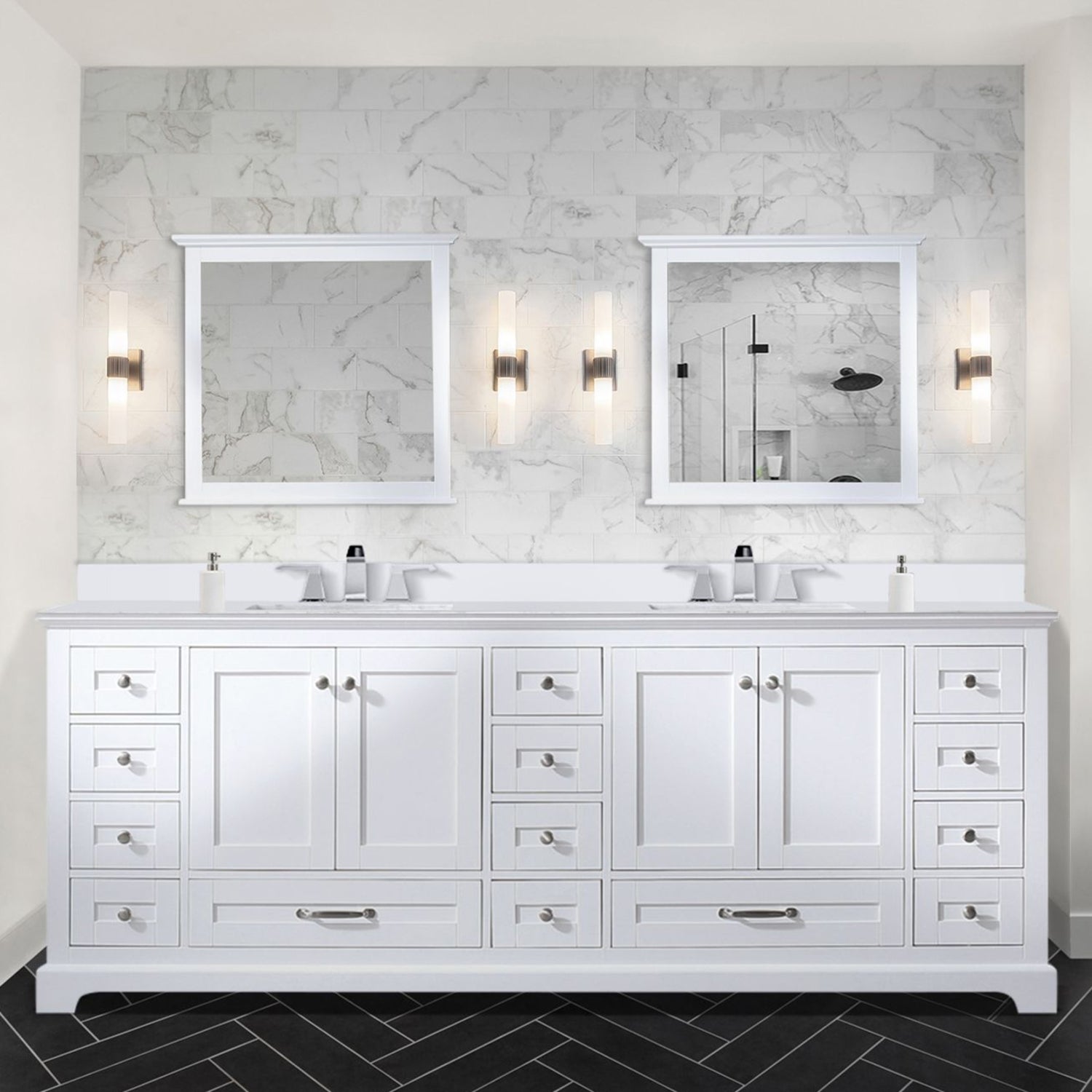White Double Bath Vanity 84 In. W X 22 In. D, Cultured Marble Top, And Faucet Set White Plywood Wood