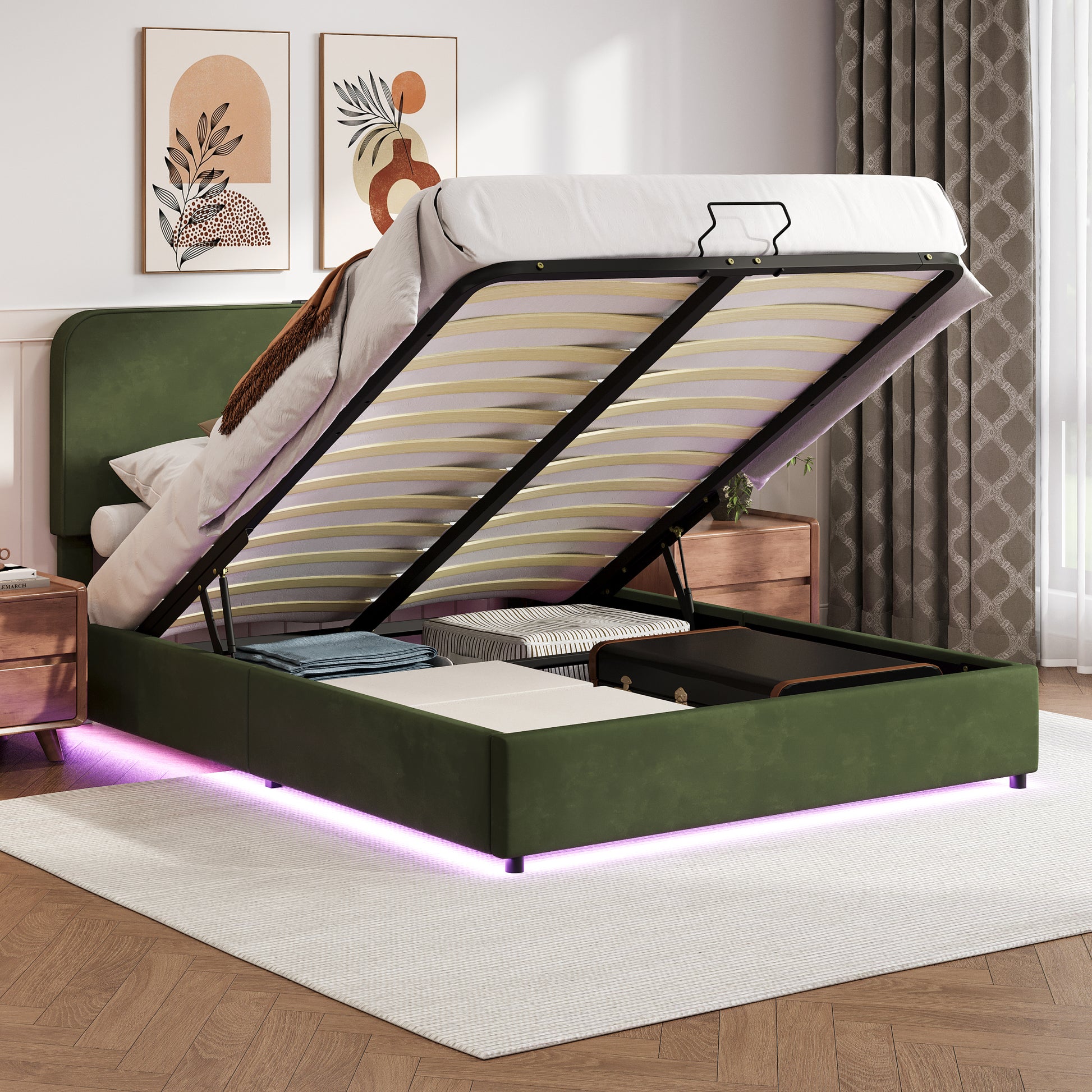 Upholstered Platform Queen Size Hydraulic Storage Bed, Lift Up Storage Bed With Rgb Led Light, Bluetooth Speaker, No Box Spring Needed, Lychee Velvet, Green Queen Green Velvet Fabric Metal