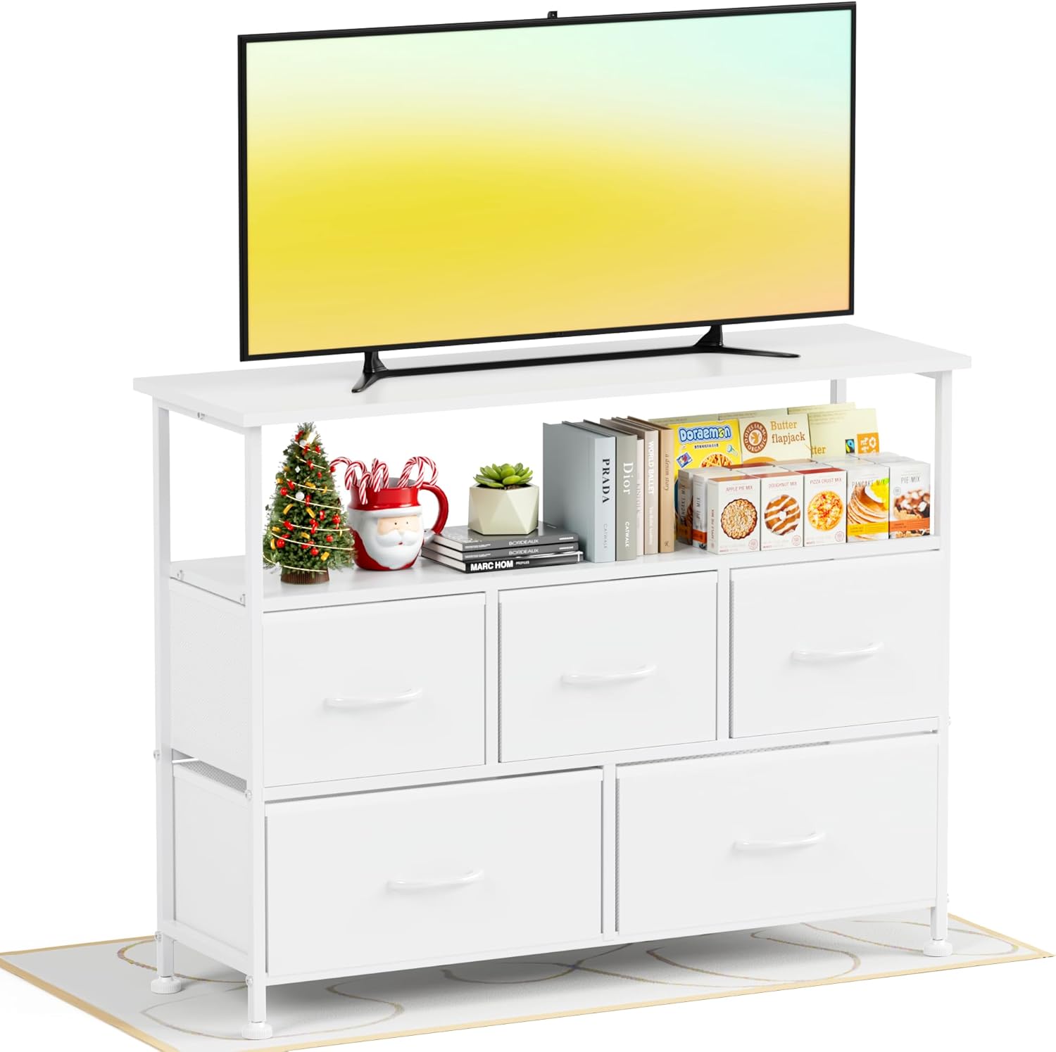 Tv Stand Dresser For Bedroom Entertainment Center With 5 Fabric Drawers, Storage Organizers Units For Living Room, Media Console Table With Open Shelf Up For 45" Tv, White, Wood Top White Wood