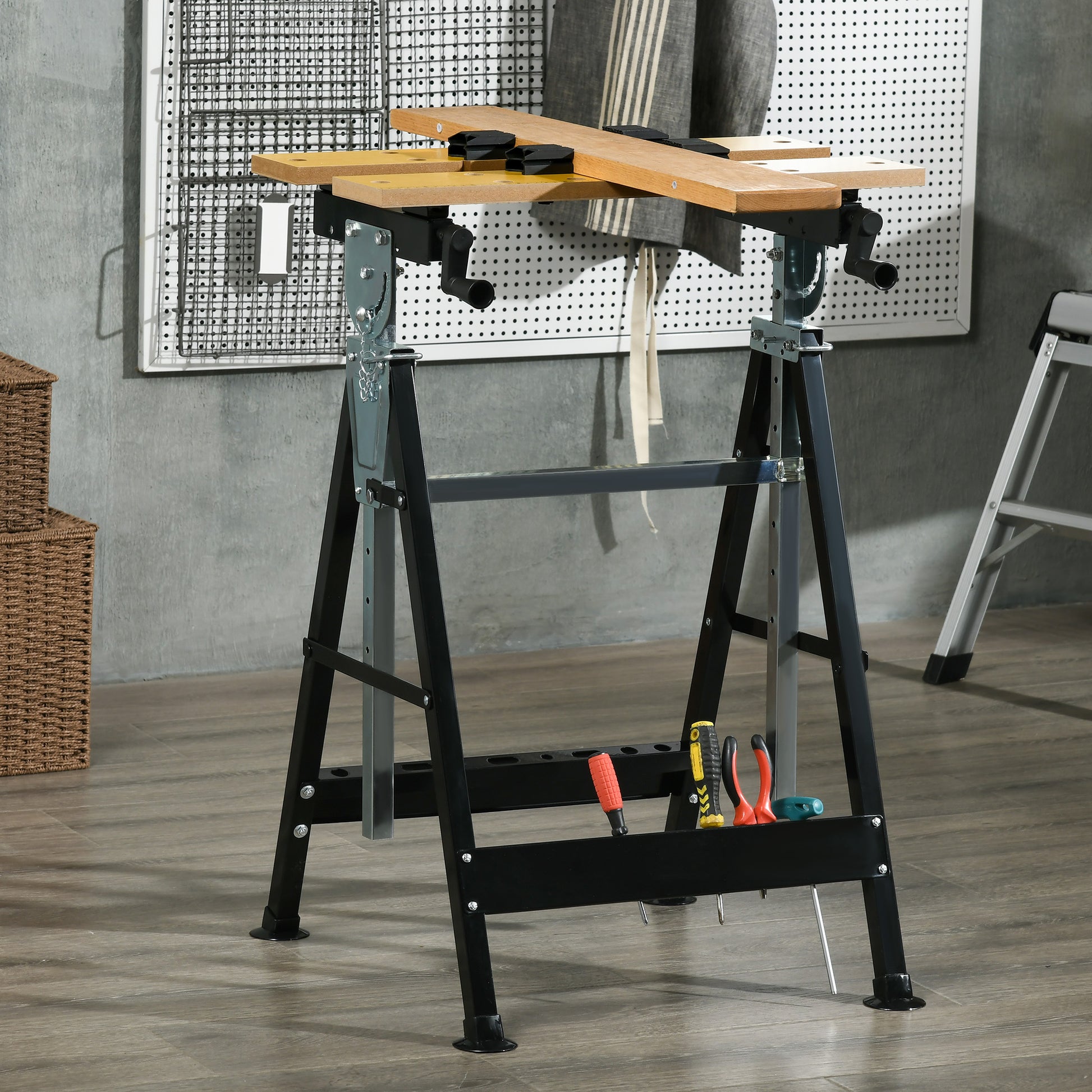 Homcom Work Bench Tool Stand With Adjustable Height And Angle, Carpenter Saw Table With 4 Clamps, Steel Frame, 220Lbs Capacity Natural Wood Mdf Iron