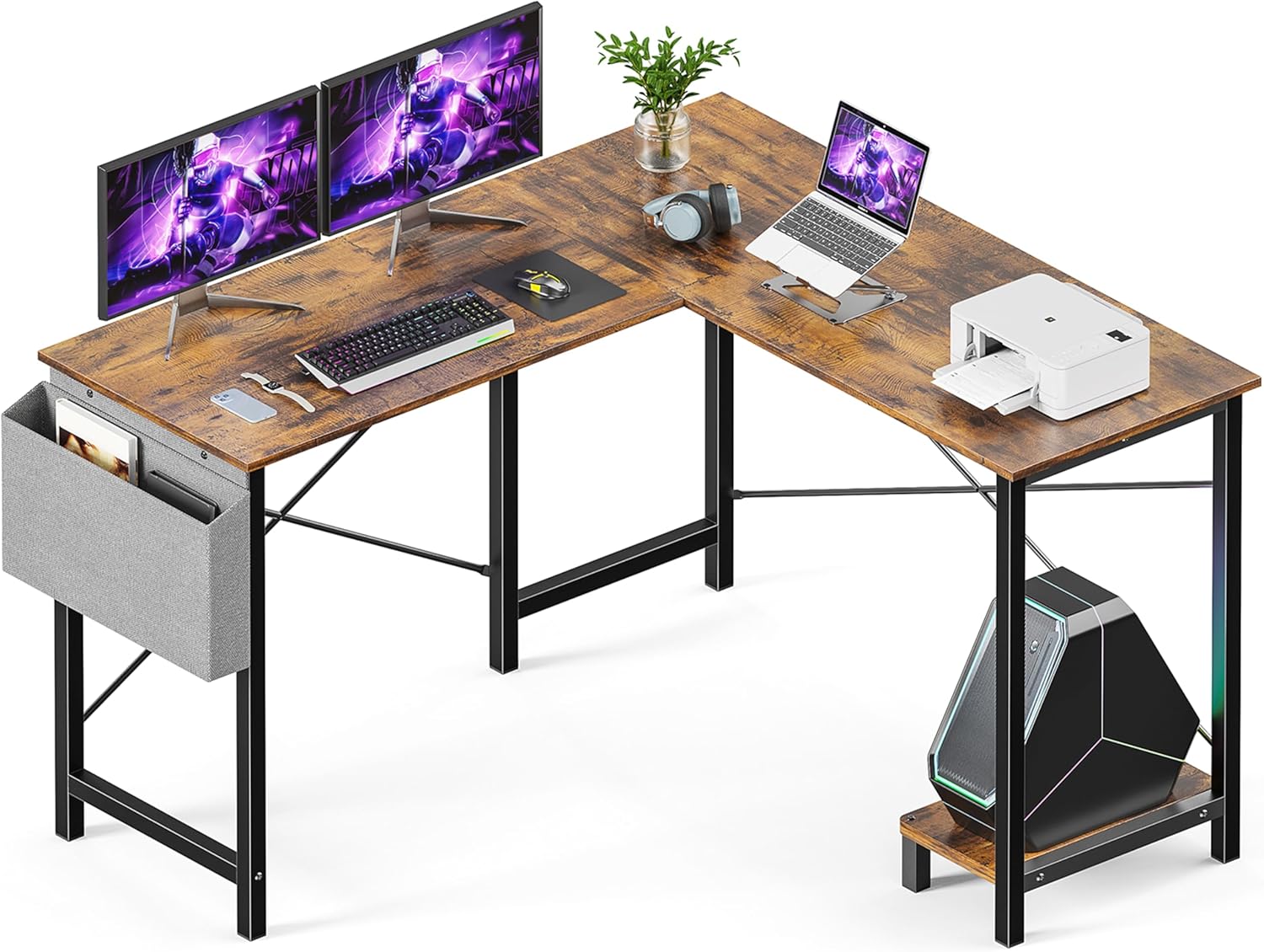 L Shaped Desk Gaming Computer 50 Inch Reversible Corner Table Pc For Writing Study Student With Wood Tabletop Metal Frame Cpu Stand Side Bag For Home Office Small Place, Rustic Brown Wood