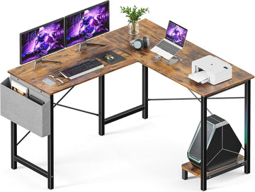 L Shaped Desk Gaming Computer 50 Inch Reversible Corner Table Pc For Writing Study Student With Wood Tabletop Metal Frame Cpu Stand Side Bag For Home Office Small Place, Rustic Brown Wood