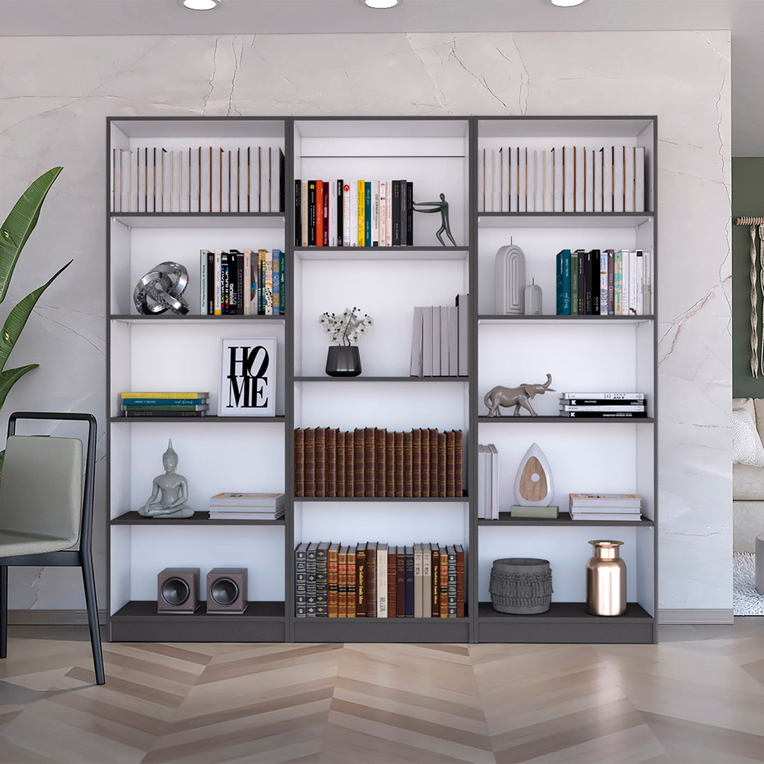Bartow 3 Piece Home Bookcase Set, 74" Wide With 14 Shelvesliving Room Set Set Matt Gray White Freestanding Multicolor Office Modern Particle Board