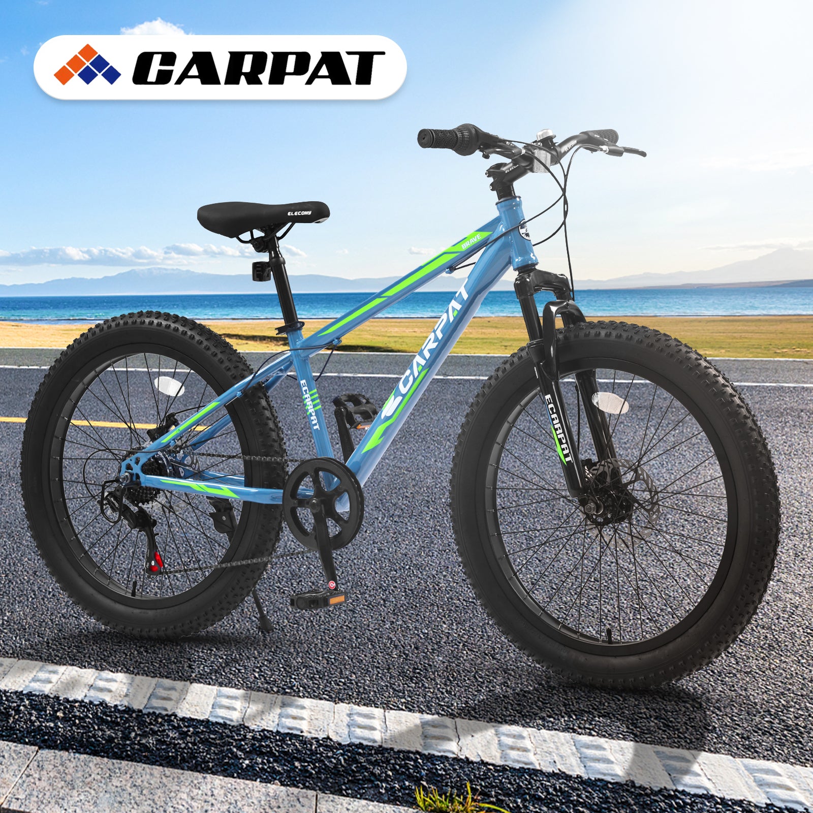 S24109 Elecony 24 Inch Fat Tire Bike Adult Youth Full Shimano 7 Speeds Mountain Bike, Dual Disc Brake, High Carbon Steel Frame, Front Suspension, Mountain Trail Bike, Urban Commuter City Bicycle Cycling Blue Green Without Anti Slip Garden & Outdoor