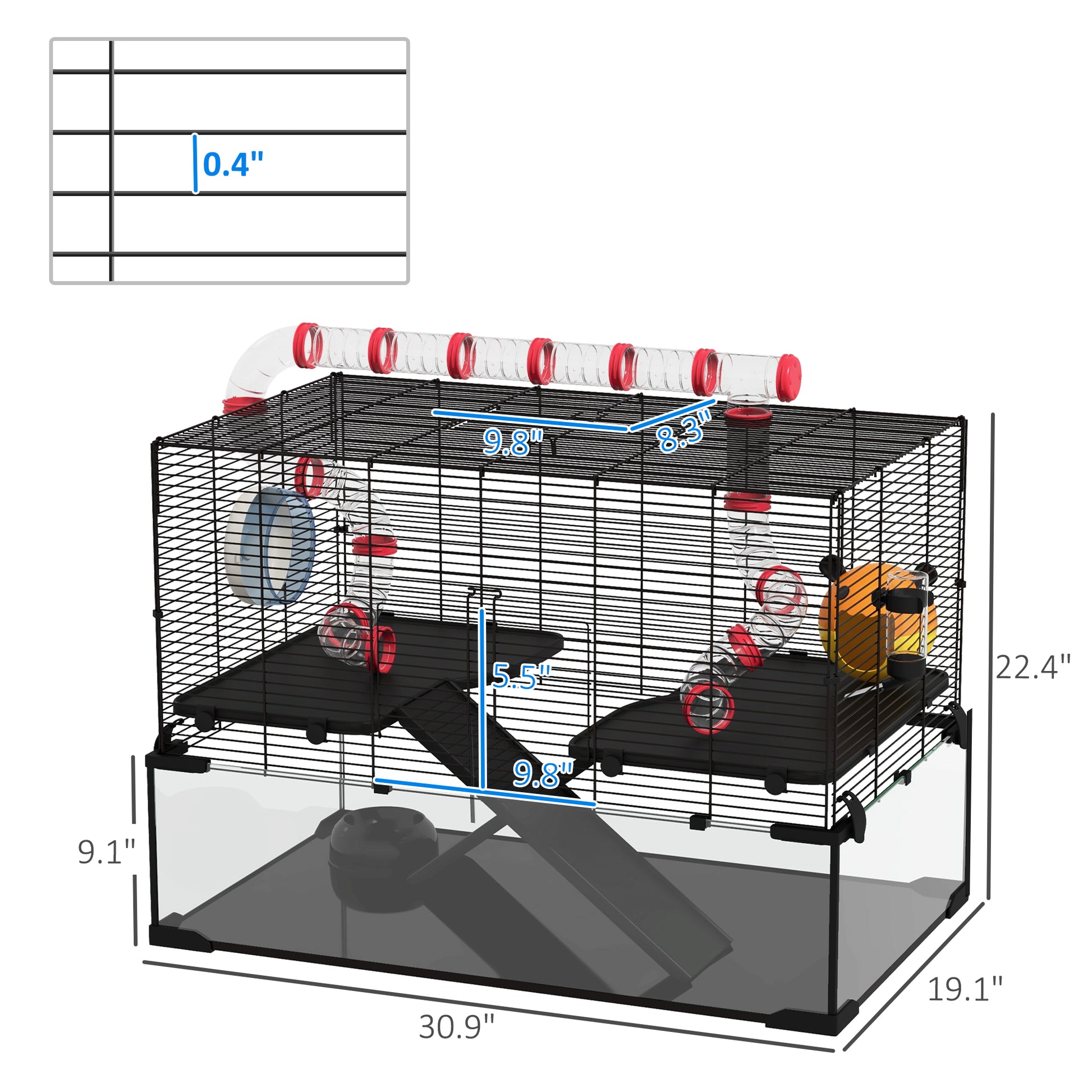 Pawhut 31" Extra Large Hamster Cage With Tube Tunnel, Small Animal Cage For Dwarf Hamster, Rat, Gerbil Cage With Deep Glass Bottom, Water Bottle, Food Dish, Exercise Wheel, Ramps Black Steel