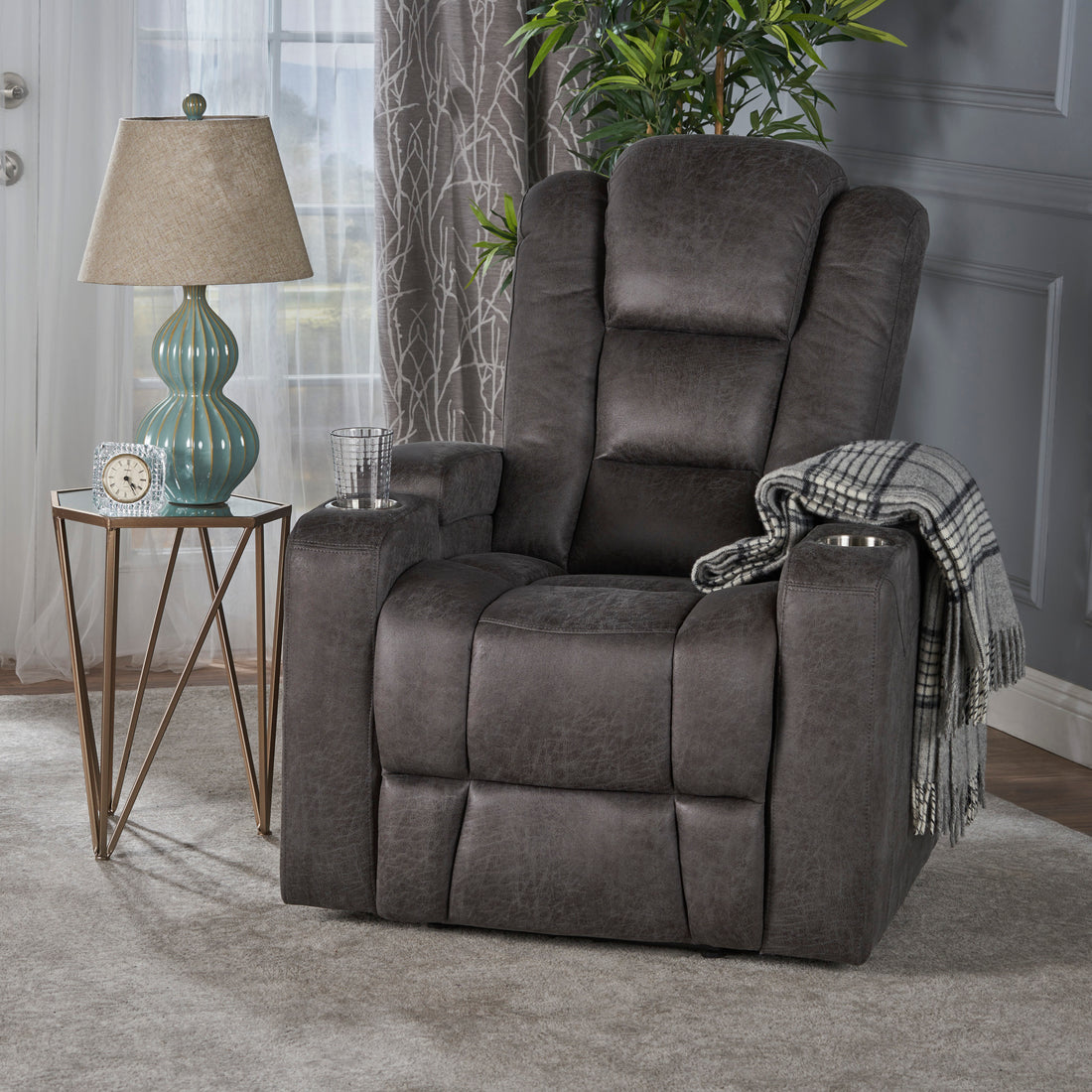 33" Wide Power Standard Recliner Chair With Arm Storage With Usb Slate Microfiber