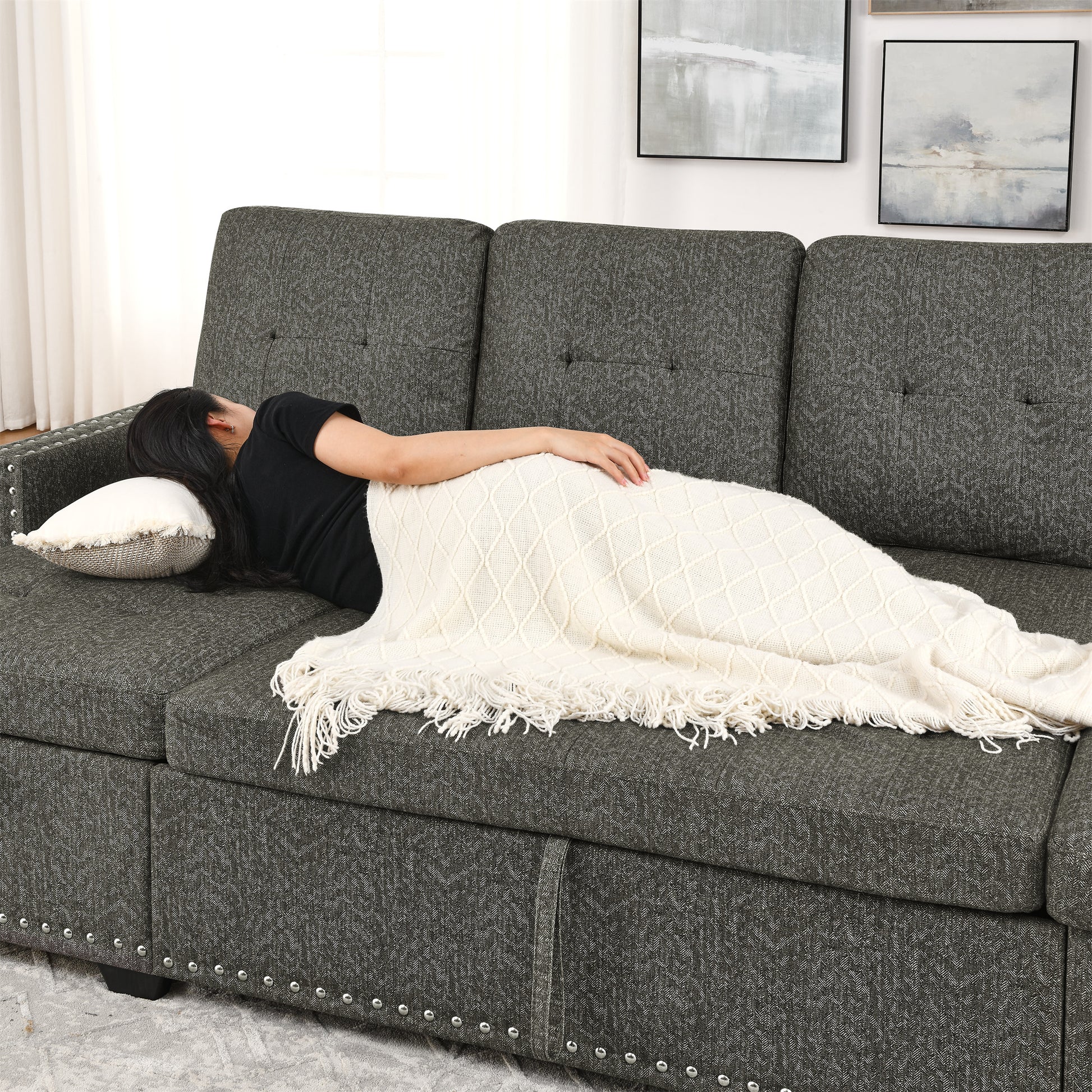 109 Inch Overisze 2 In 1 Pull Out Bed, Sectional Sleeper Sofa With Double Storage Chaise For Living Room, Grey Linen Couch Black Gray Linen Wood Primary Living Space Medium Soft Cushion Back American Design Poplar Foam Wood Fabric 4 Seat