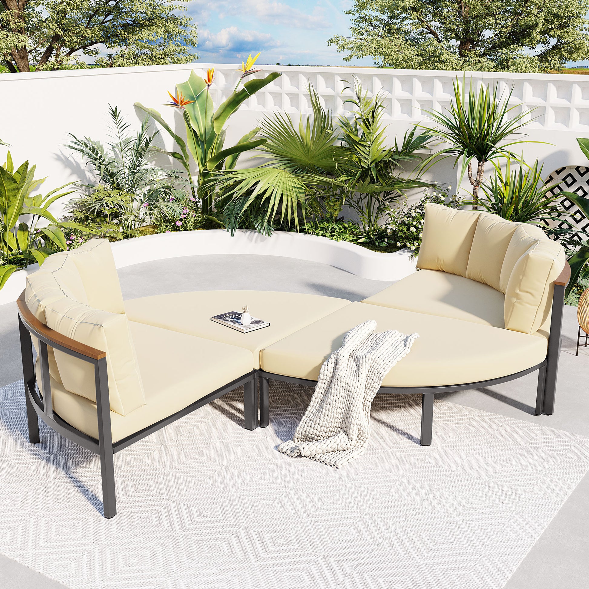 Patio Furniture Set, 4 Piece Round Outdoor Conversation Set All Weather Metal Sectional Sofa With Cushions Beige Seats 6 Metal