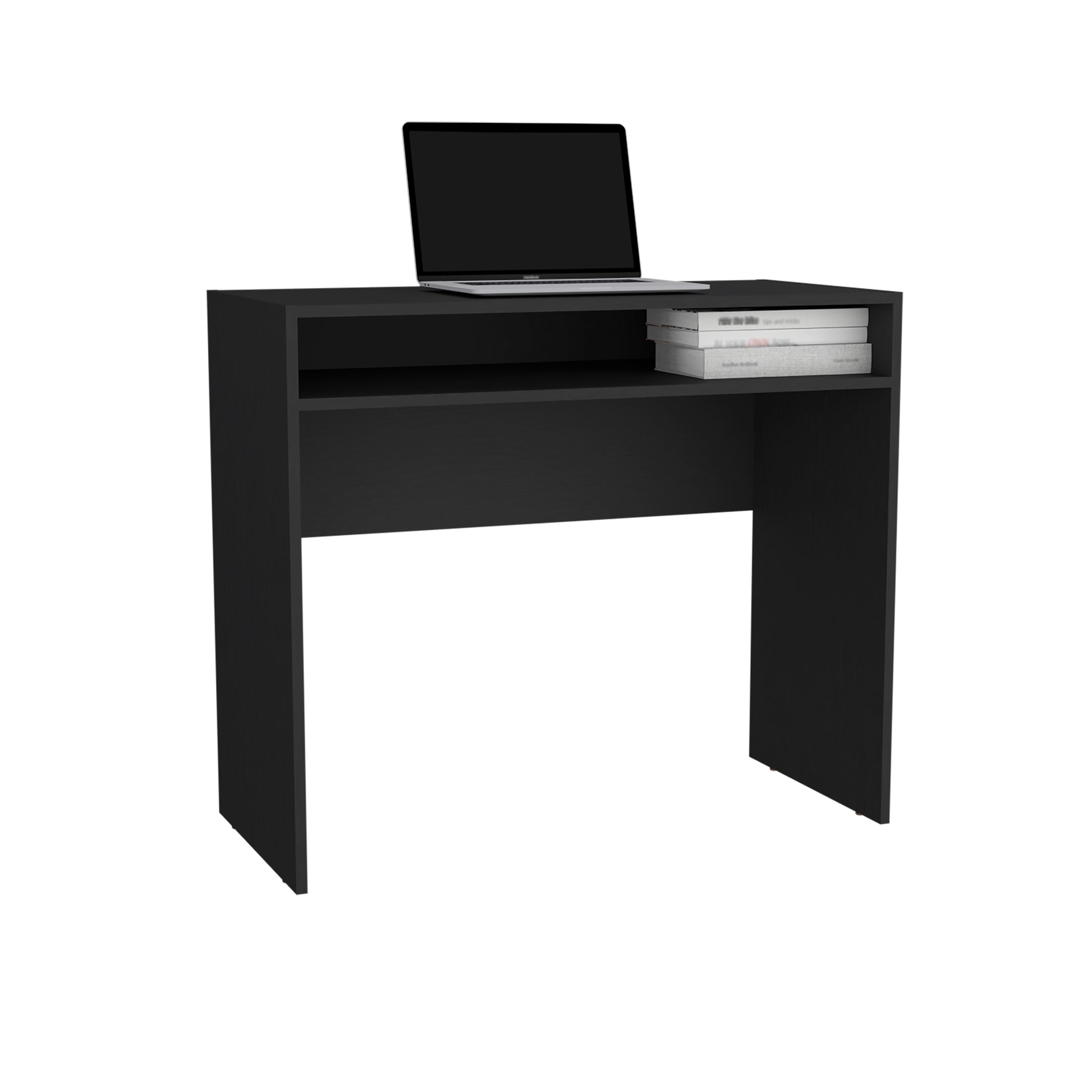 Stella 35" Wide Writing Desk With Shelf Black Computer Desk Office Modern Freestanding Rectangular Open Storage Desk Rectangular Particle Board