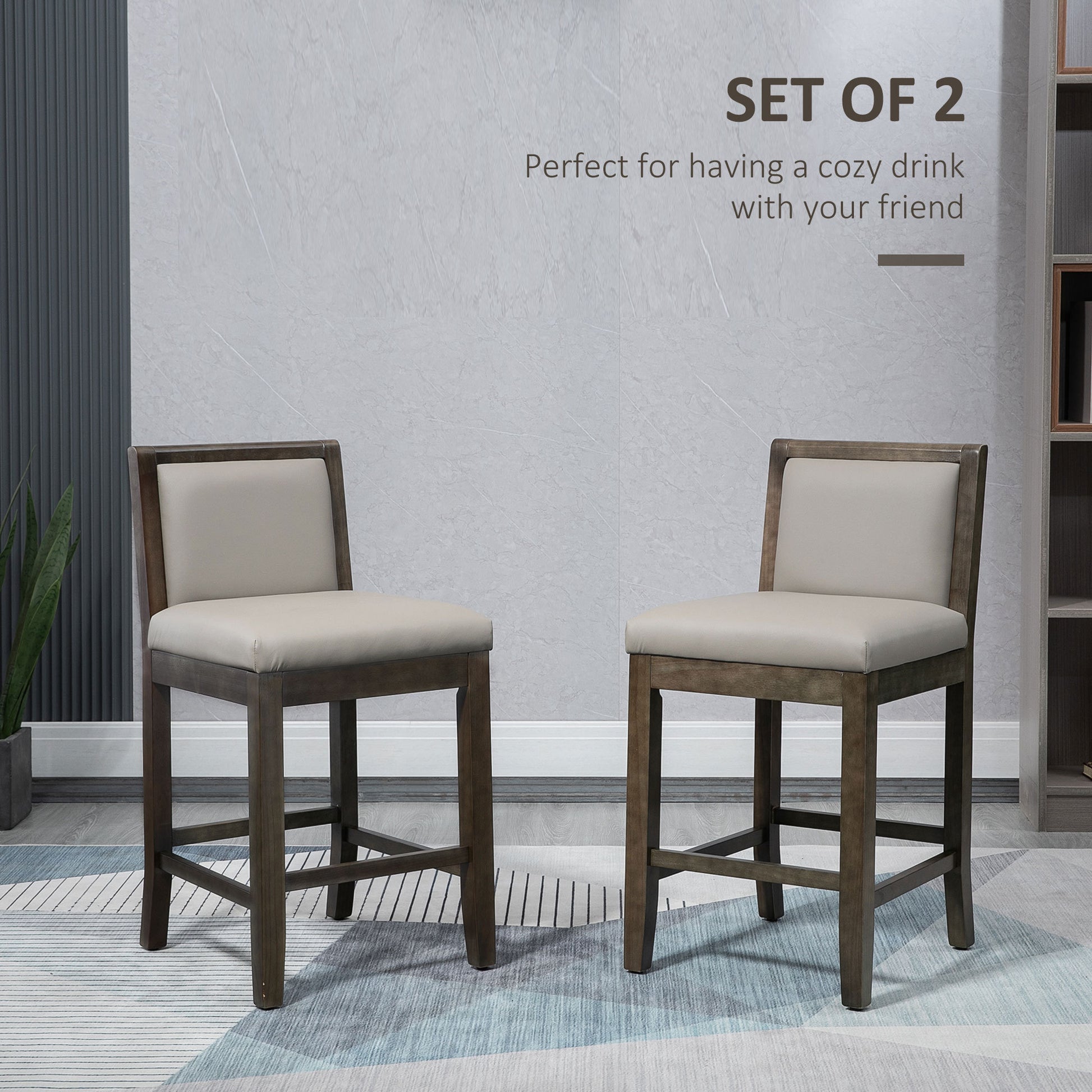 Homcom 25.5" Counter Height Bar Stools Set Of 2, Pu Leather Kitchen Stool, Upholstered Bar Chairs With Back, Wood Legs, Grey Grey Rubber Wood