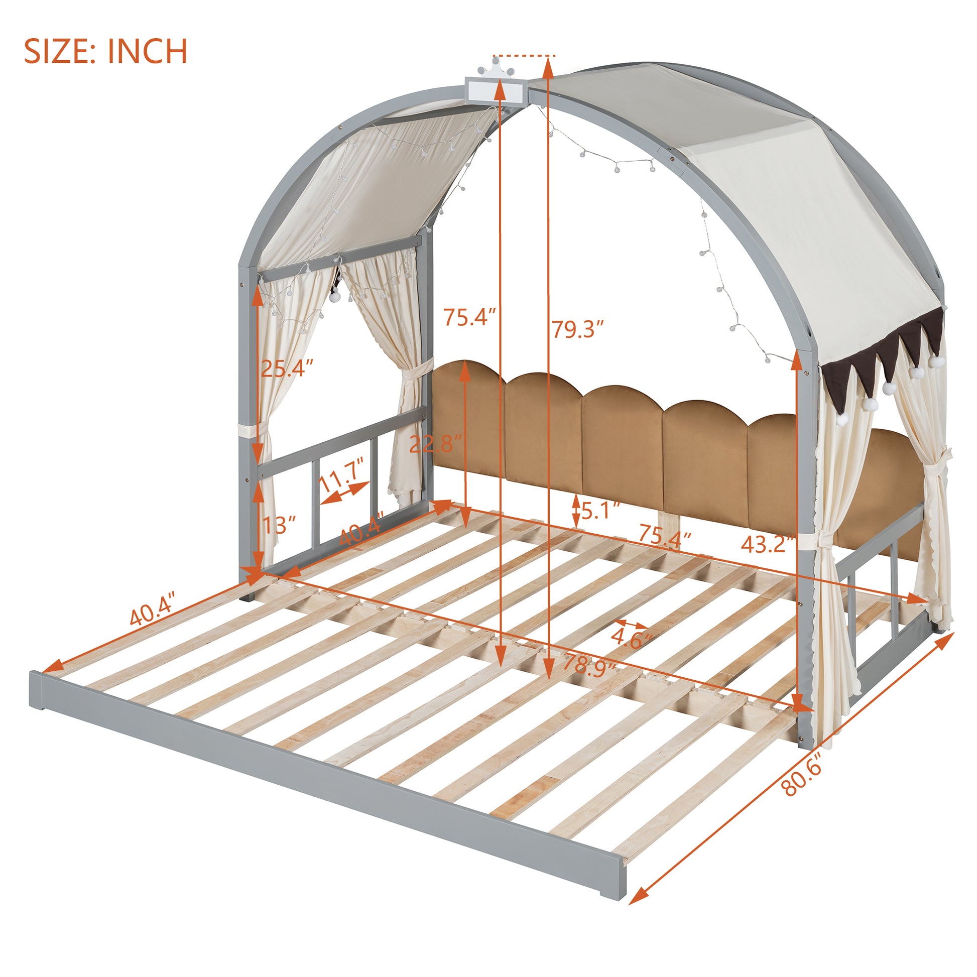 Twin Size Extended Bed With Arched Roof And Trundle, Gray Twin Gray Plywood