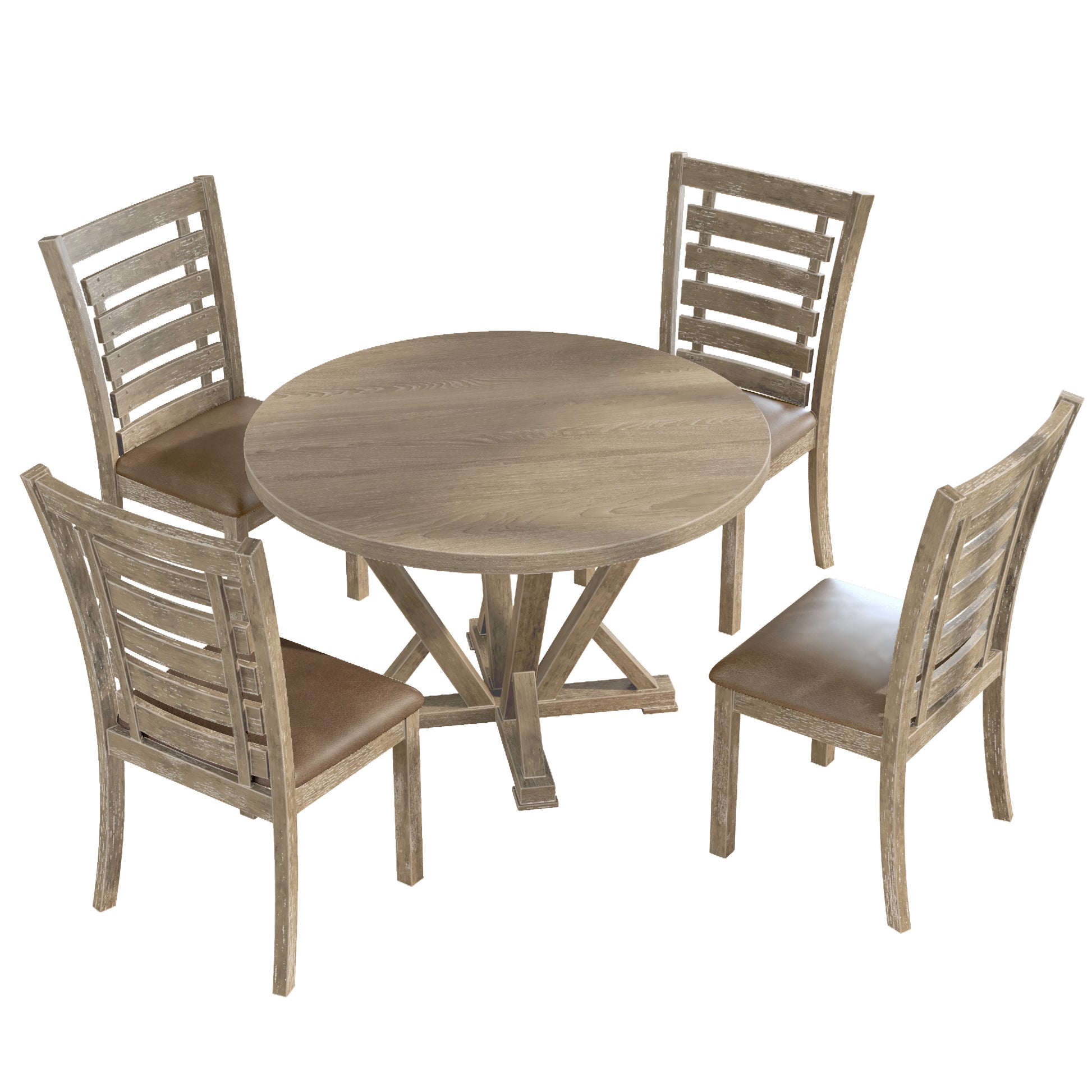 5Pcs Table Set Round Dining Table Solid Wood Modern Farmhouse Rustic Look Distressed Look Wood Grayish Brown Ladder Back Seats 4 Light Brown Dining Room Fixed Table American Design,Farmhouse,French Country,Rustic,Vintage Rubberwood Round Round Dining