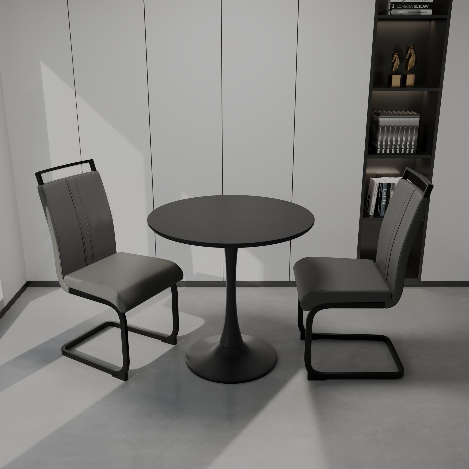 Black Circular Dining Table, 31.5 "Tulip Dining Table, Kitchen Dining Table For 2 4 People, Mdf Tabletop And Base, And 2 Gray Pu Black Metal Leg Dining Chairs Set 2 Black Mdf