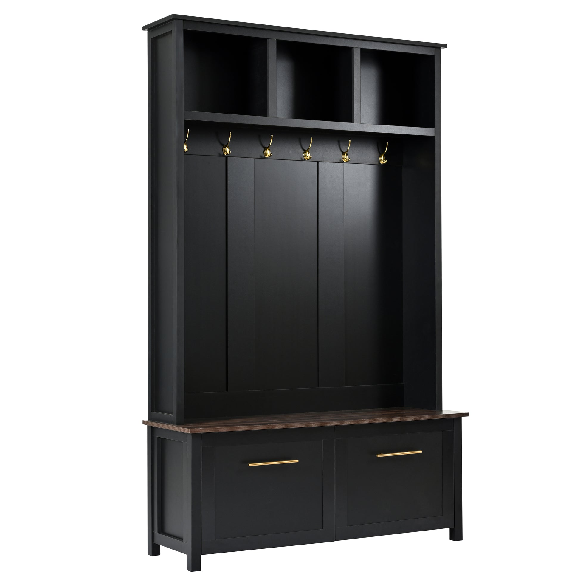 Versatile 4 In 1 Hall Tree With 6 Golden Hooks, Wood Grain Bench With Multiple Storage Space, Entryway Coat Rack With 2 Drawers For Living Room, Hallway, Black, 76.6''H Old Sku:N721S000034B Black