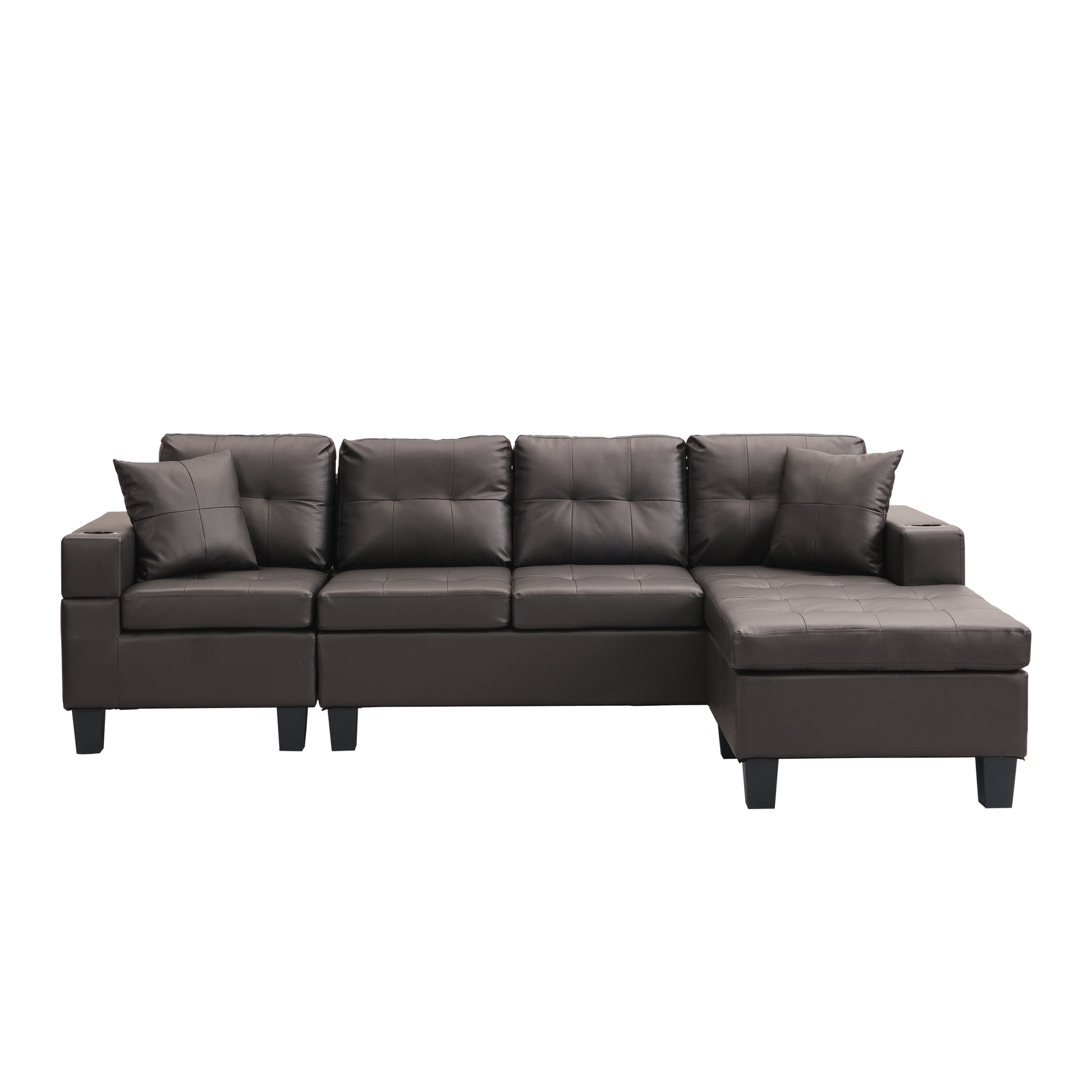 Sectional Sofa Set For Living Room With L Shape Chaise Lounge ,Cup Holder And Left Or Right Hand Chaise Modern 4 Seat Chocolate Brown Dark Brown Pu 4 Seat