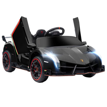 Aosom Lamborghini Veneno Licensed Kids Electric Car With Bluetooth, 12V Ride On Car With Butterfly Doors, Remote Control, Portable Battery, Suspension System, Horn, Songs, Lights, Black Black Plastic