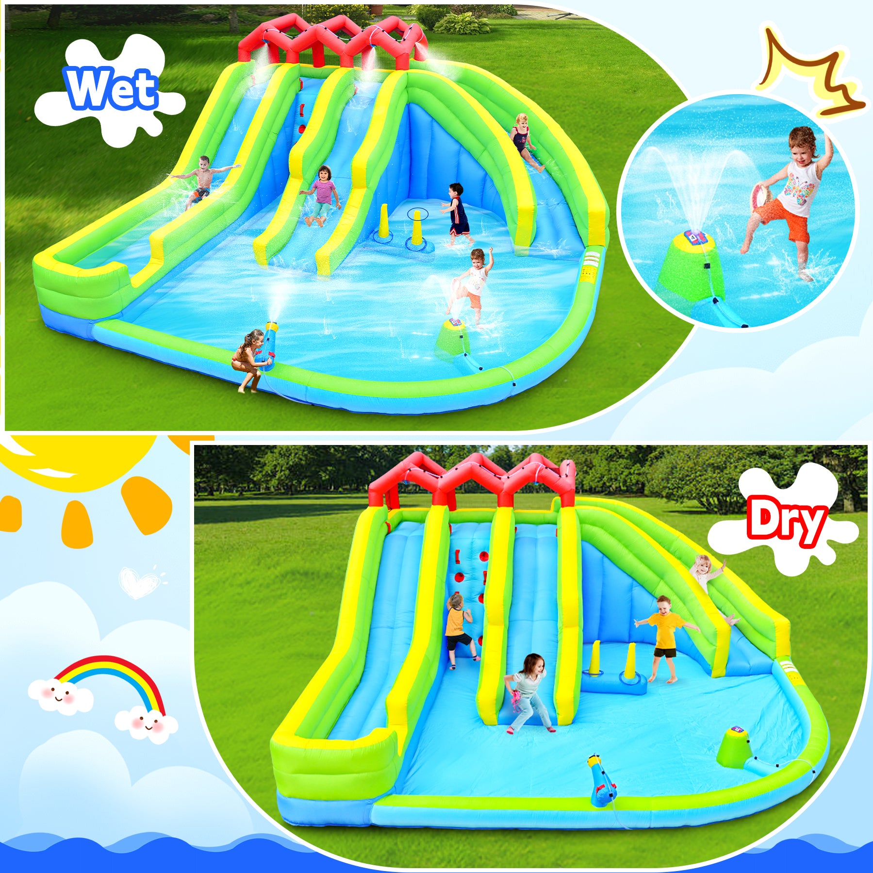 7 In1 Inflatable Water Park Three Slide With Blower Water Sprinkler Fountain Climbing Wall For Children Multicolor Oxford Fabric