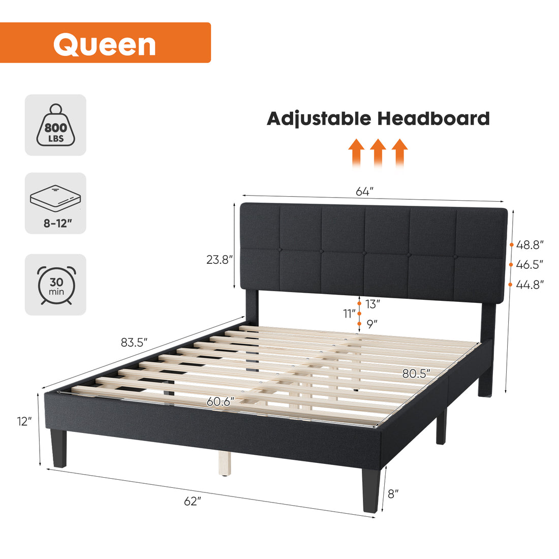 Queen Size Bed Frame Linen Upholstered Platform Bed With Headboard, No Box Spring Needed With 800Lbs Solid Wooden Slats Support, No Noise, Easy Assembly, Dark Grey Dark Grey Metal & Wood