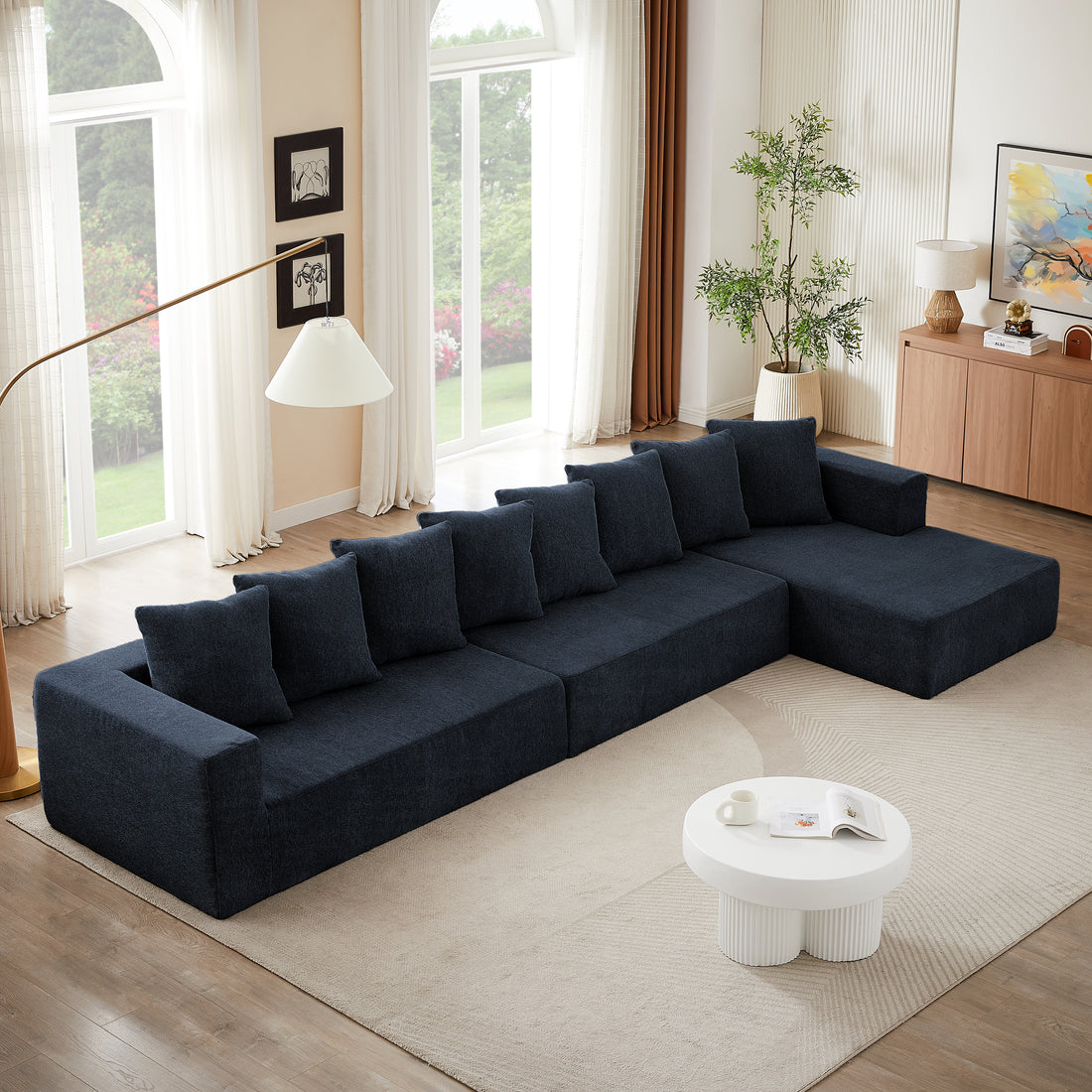 Chenille Modular Sofa Modern Upholstered Sectional Couch With Plush Seating, Fixed Cushions, And Versatile Design For Living Room, Bedroom, Office Blue Chenille 6 Seat