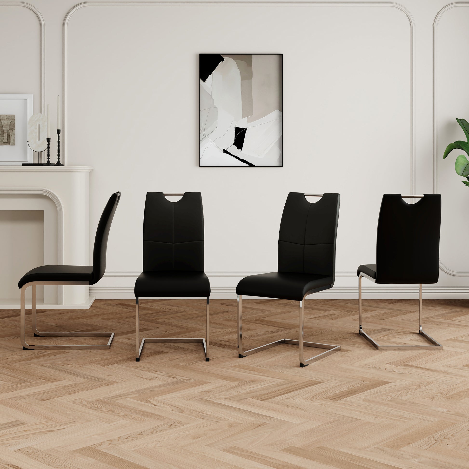 Modern Dining Chairs With Faux Leather Padded Seat Dining Living Room Chairs Upholstered Chair With Chrome Metal Legs Design For Kitchen, Living, Bedroom, Dining Room Side Chairs Set Of 4 Black Silver Metal