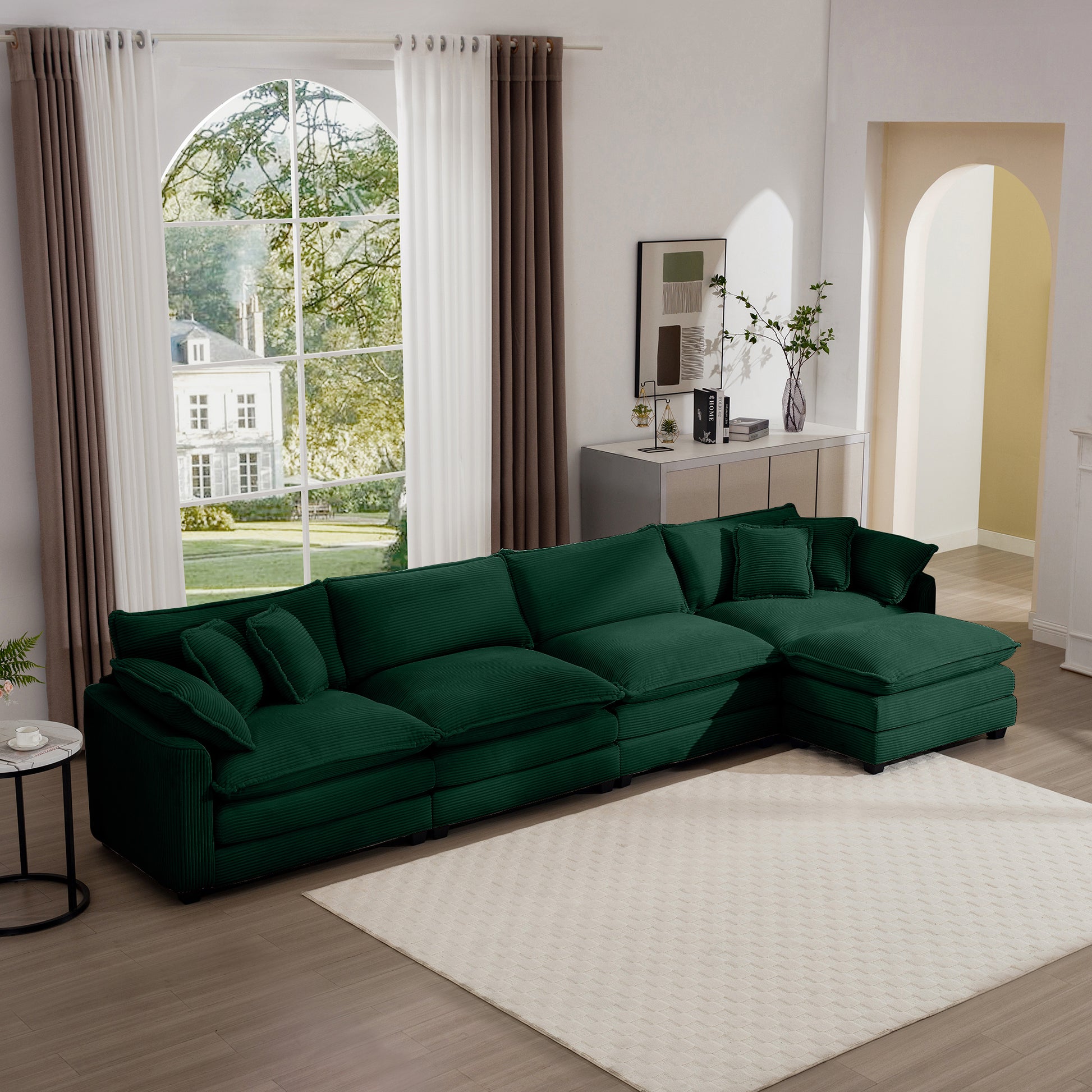 Corduroy Sofa , Modern Upholstered 4 Seater With With 1 Footstool Corduroy Fabric Sofaoffice Living Room Apartment Comfort Sofa, Easy To Assemble With 2 Arm Pillows And 4 Throw Pillows Green Corduroy 4 Seat