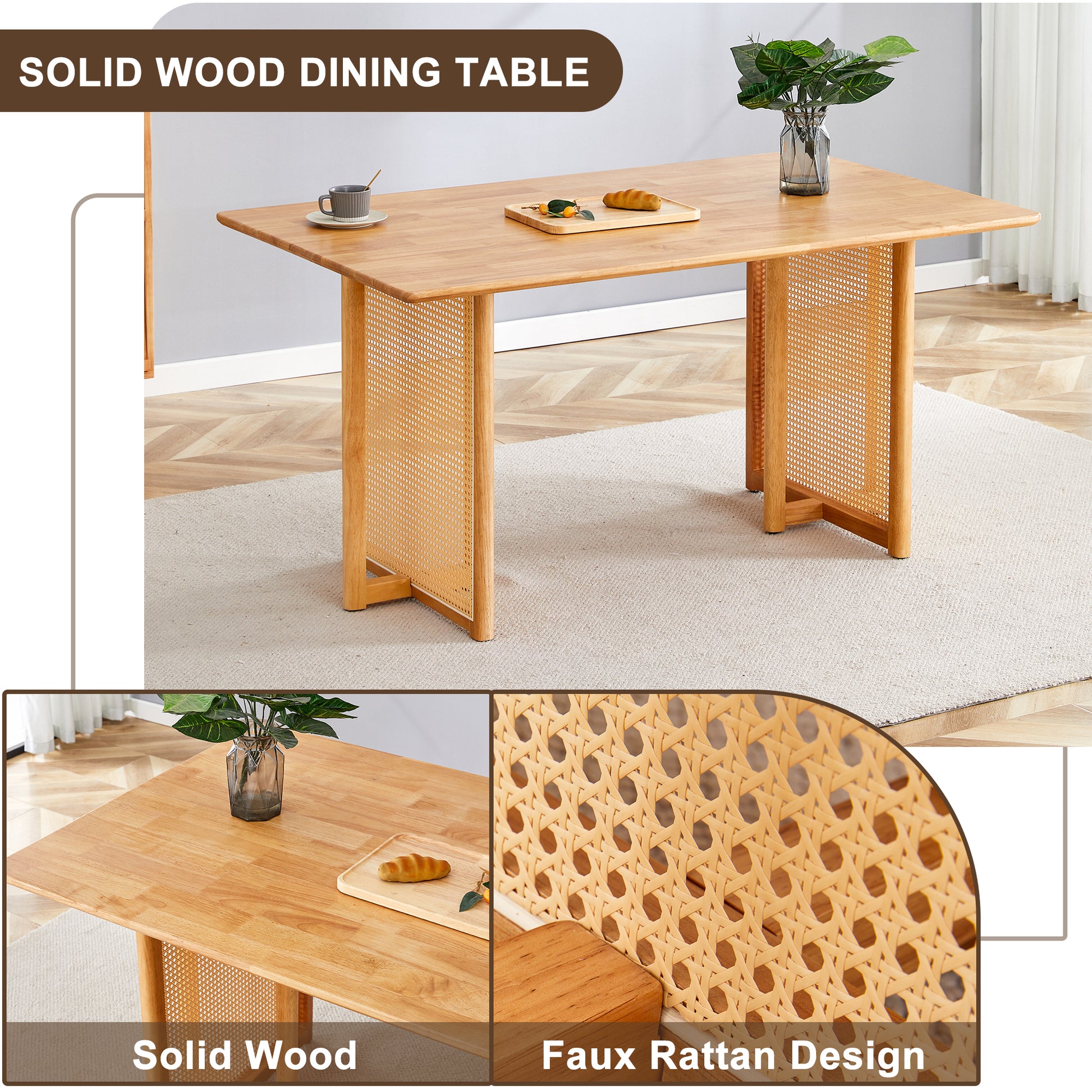 Chinese Country Retro Solid Wood Dining Table, Simple Modern Imitation Rattan Dining Table, Wooden Dining Table, Desk. Suitable For Dining Room, Living Room, Office Wood Rubber Wood