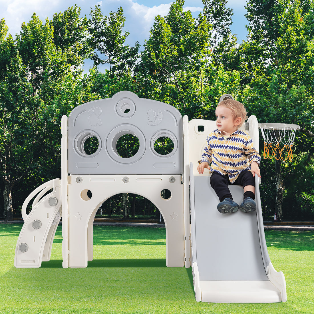 7 In 1 Toddler Slide Set, Freestanding Space Set With Slide, Kids Slide Playset Structure, Arch Tunnel And Basketball Hoop, Toy Storage Organizer For Toddlers, Kids Climbers Playground Grey White 50 99 Lbs Cute 1 To 2 Years Hdpe Indoor & Outdoor Use