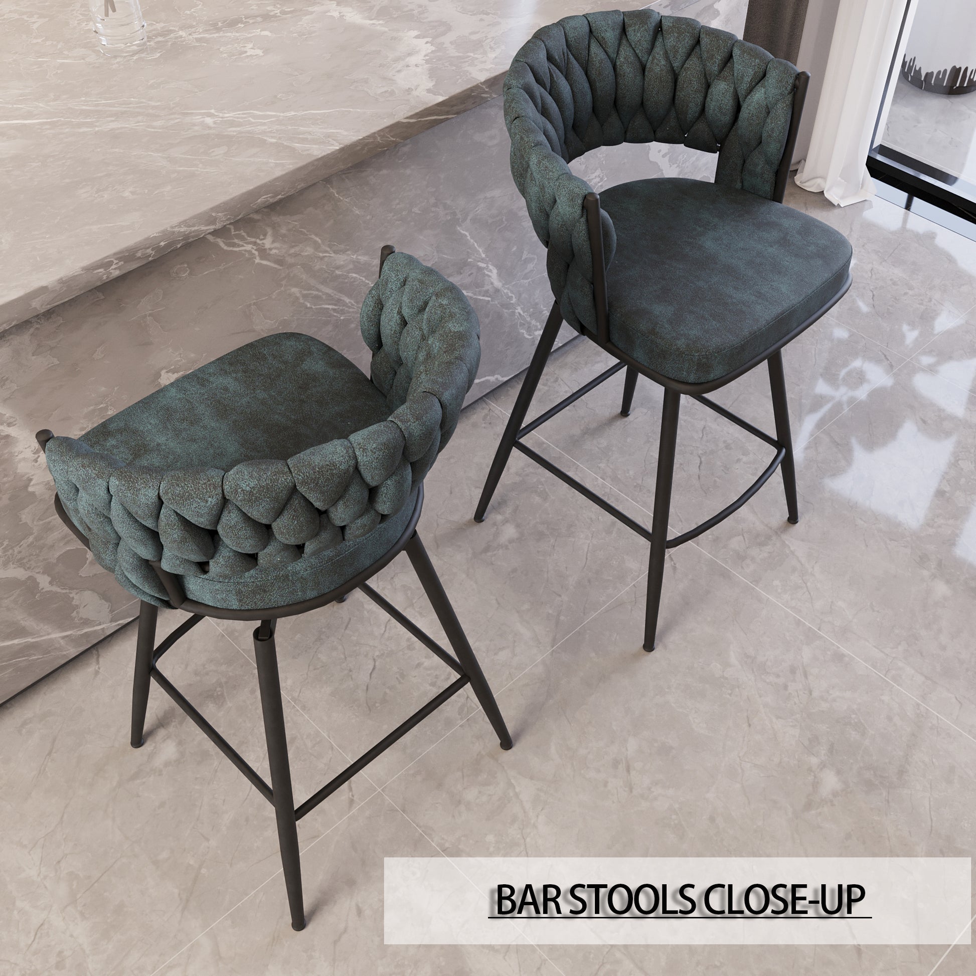 Bar Chair Suede Woven Bar Stool Set Of 2,Black Legs Barstools No Adjustable Kitchen Island Chairs,360 Swivel Bar Stools Upholstered Bar Chair Counter Stool Arm Chairs With Back Footrest, Blue Metal Blue Kitchen Dining Chairs Foam Technical Leather