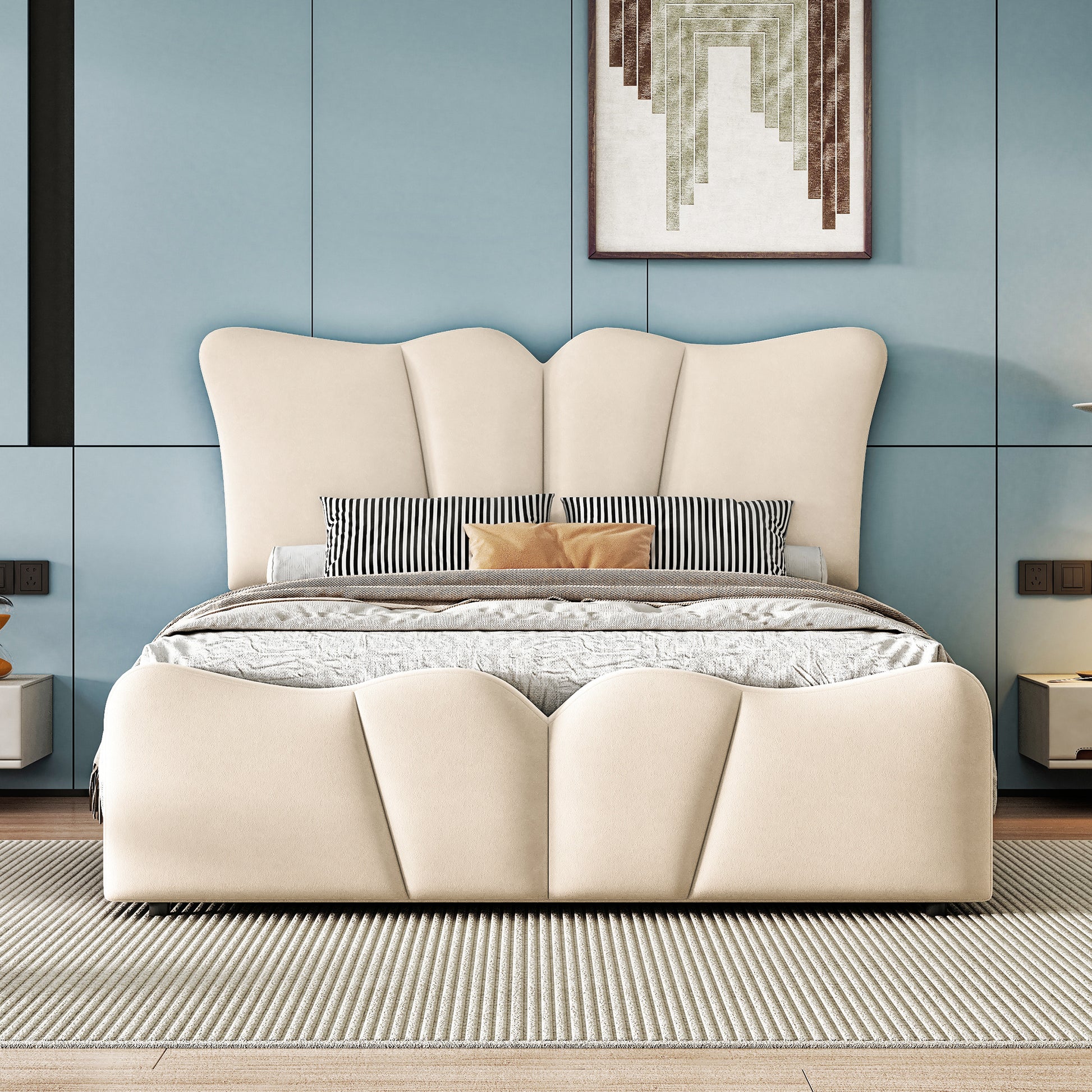 Twin Size Upholstered Platform Bed Velvet Upholstered Bed, Beige Twin Beige Velvet