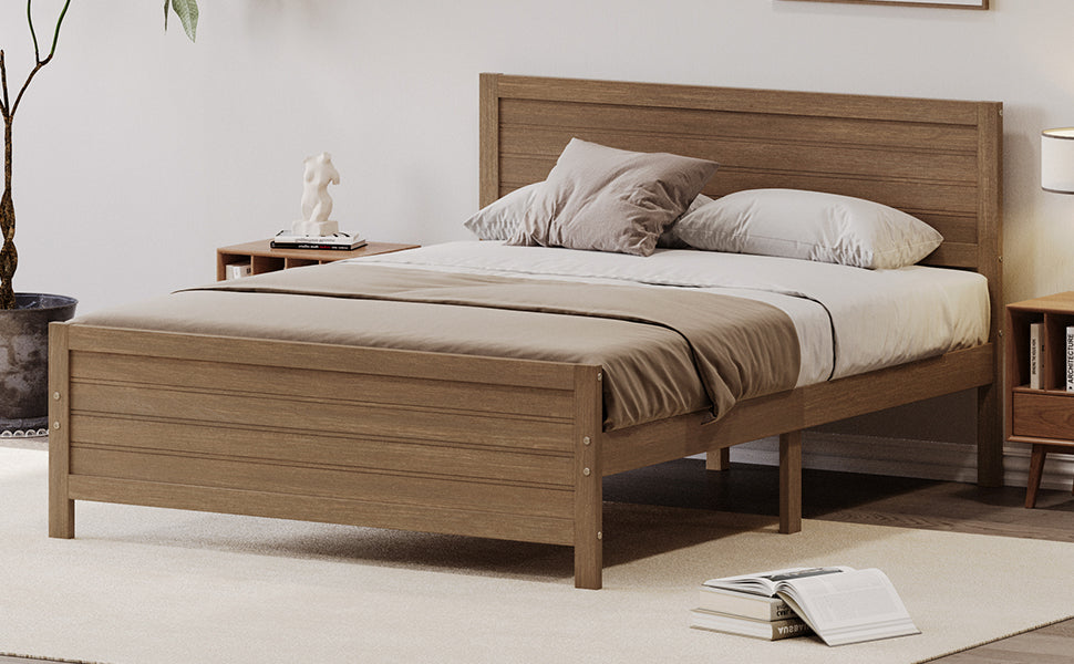 Wood Platform Bed Frame With Headboard, Mattress Foundation With Wood Slat Support, No Box Spring Needed, Queen Size, Walnut Box Spring Not Required Queen Walnut Wood Solid Wood Mdf