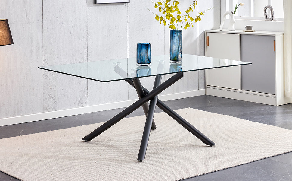 Large Modern Minimalist Rectangular Glass Dining Table For 6 8 With 0.39" Tempered Glass Tabletop And Black Color Metal Legs, For Kitchen Dining Living Meeting Room Banquet Hall Black Glass