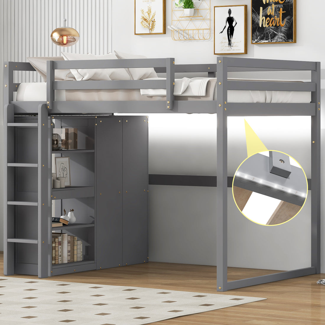 Wood Full Size Loft Bed With Built In Wardrobe And Storage Shelves, Led Light, Gray Box Spring Not Required Full Gray Wood Bedroom Bed Frame Solid Wood Mdf