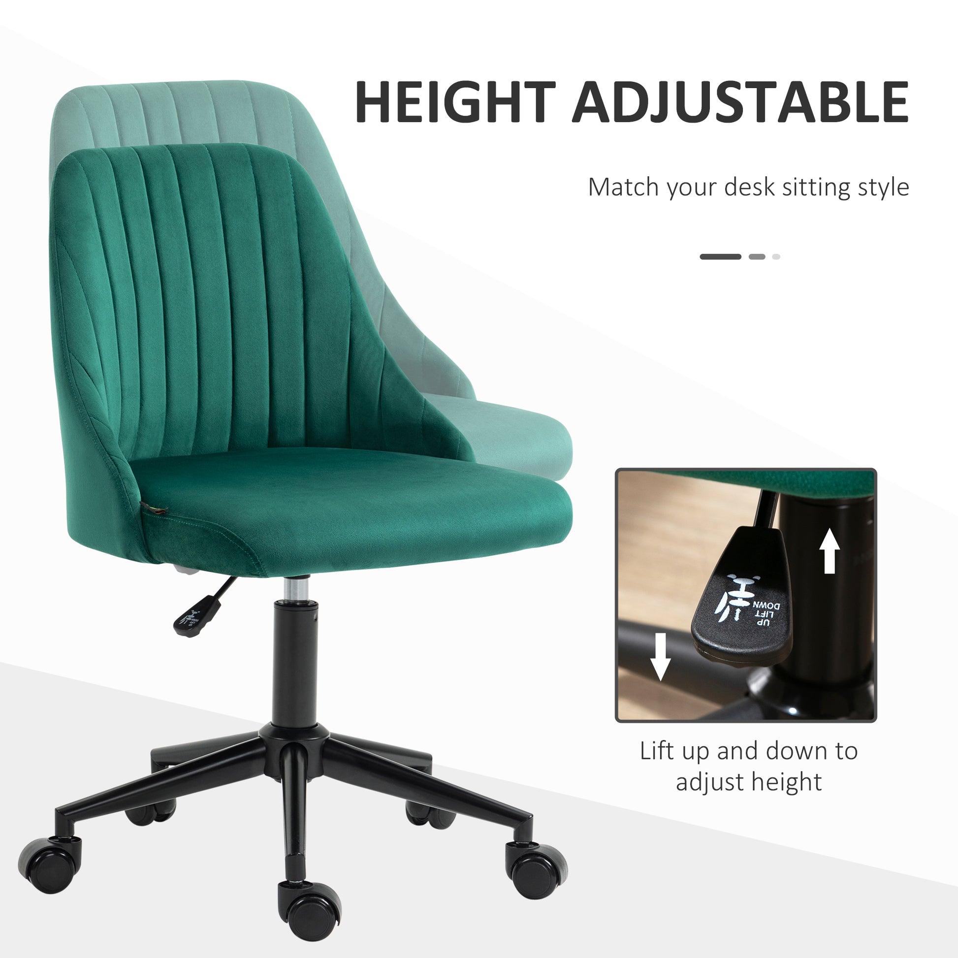 Vinsetto Mid Back Office Chair, Velvet Fabric Swivel Sop Shape Computer Desk Chair For Home Office Or Bedroom, Green Green Polyester