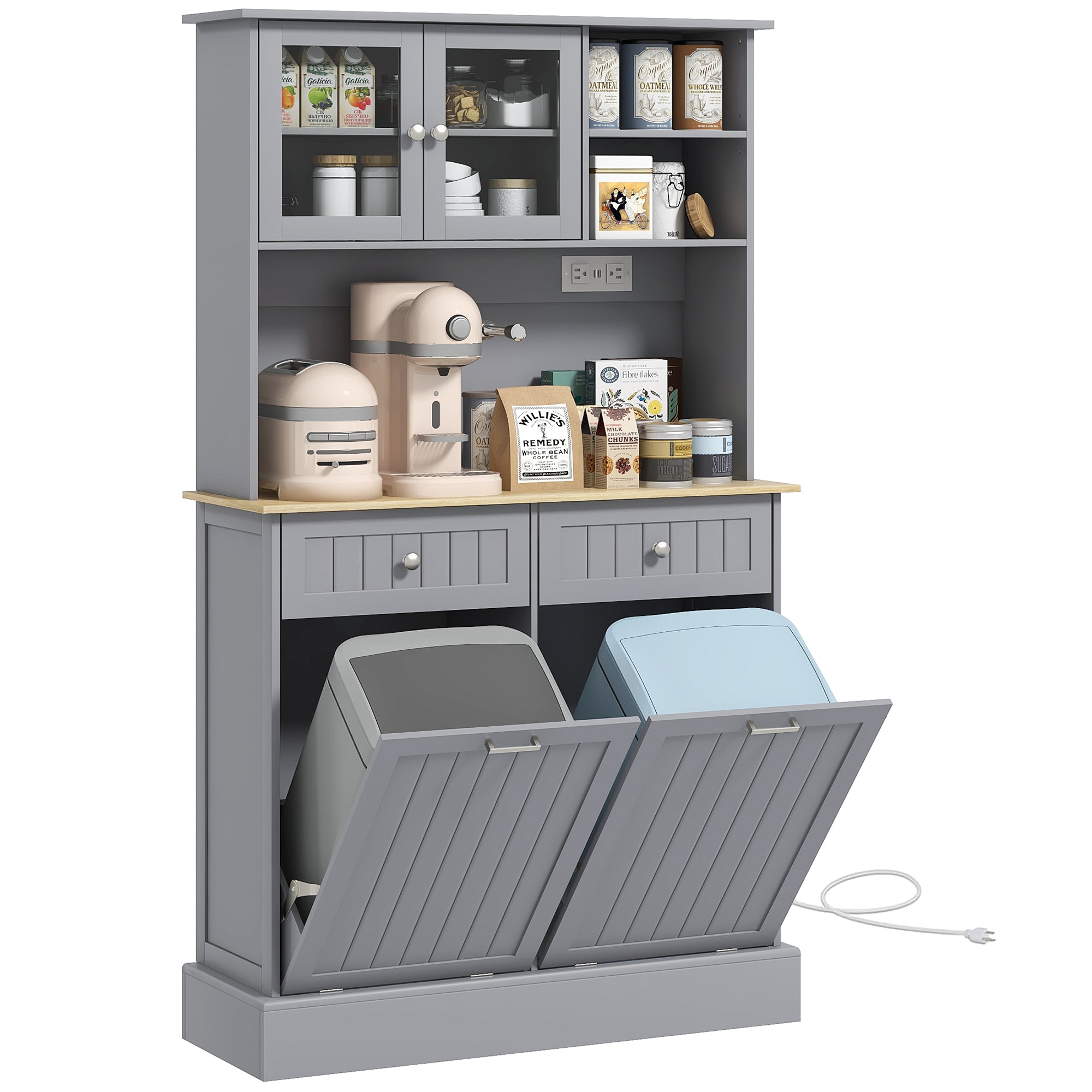 Homcom 68" Kitchen Pantry Storage Cabinet With Charging Station, 2 Tilt Out Trash Cabinets And Microwave Stand, Freestanding Kitchen Hutch With Glass Doors And Adjustable Shelf, Gray Gray Mdf