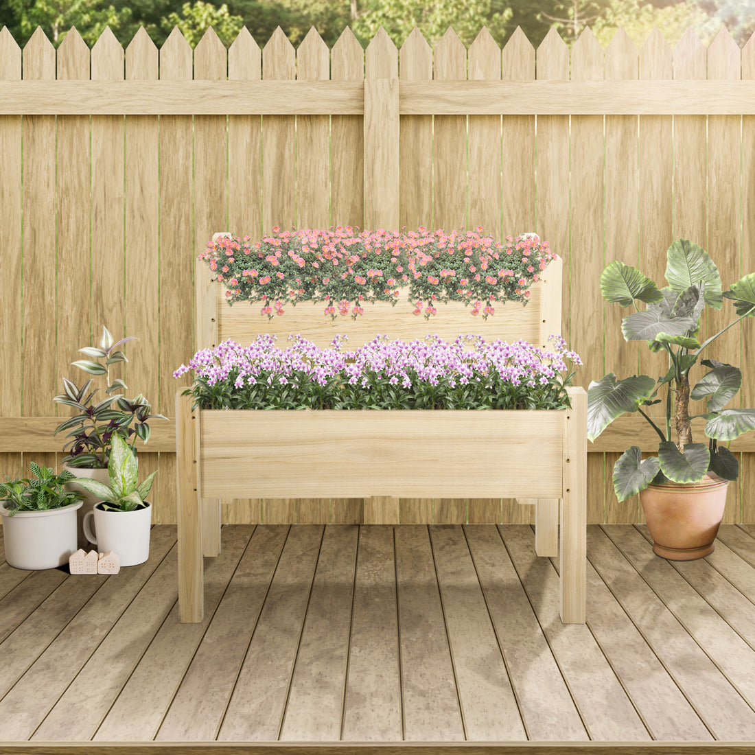 Outsunny 34"X34"X28" Raised Garden Bed, 2 Tier Elevated Wood Planter Box For Backyard, Patio To Grow Vegetables, Herbs, And Flowers, Natural Natural Wood