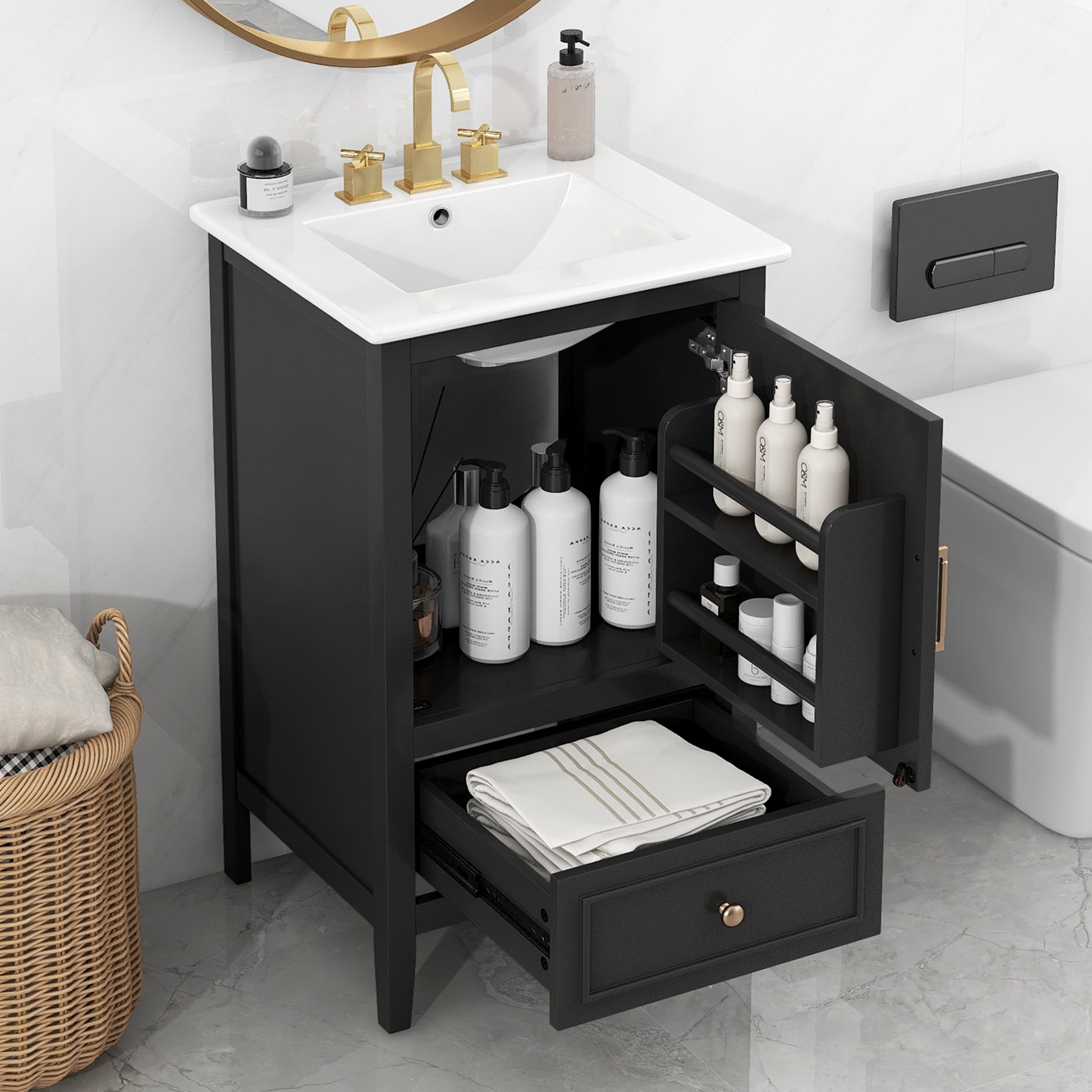 20" Bathroom Vanity With Sink, Bathroom Cabinet With Two Doors, Door Shelf Storage And Adiustable Foot Pads, A Drawer, Black Black Solid Wood Mdf