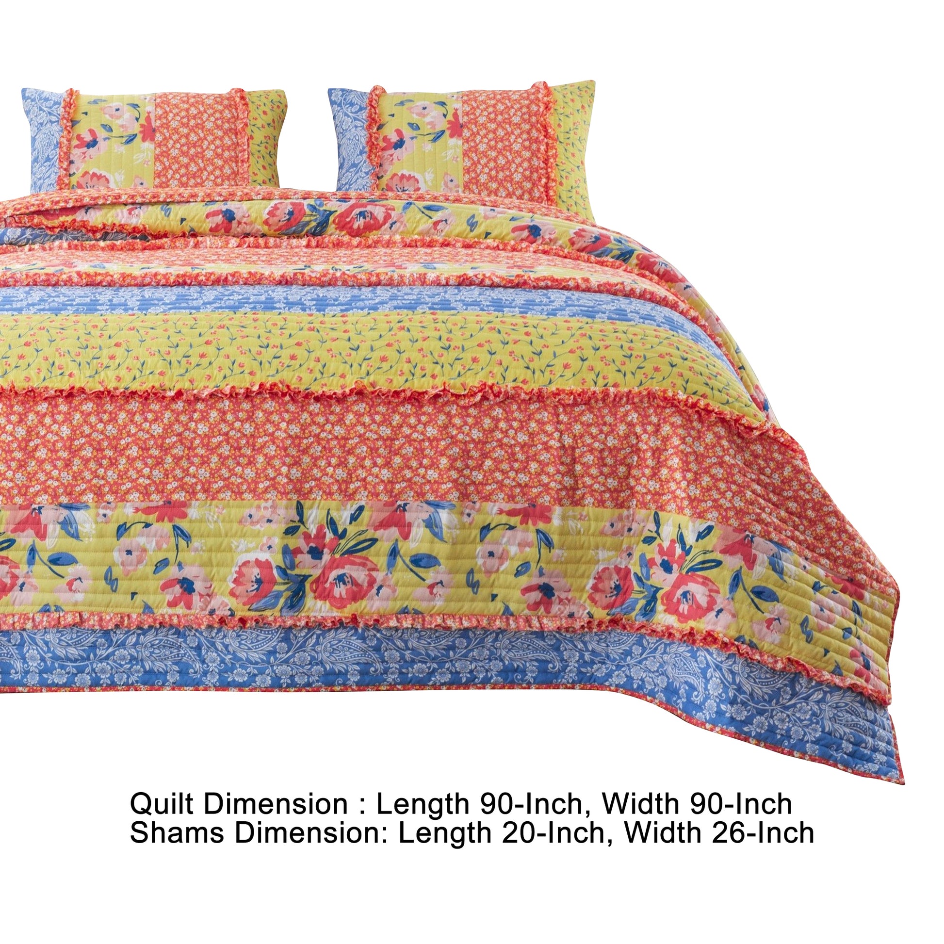 Lio 3 Piece Microfiber Queen Quilt Set, Bohemian Floral Pattern, Multicolor Queen Multicolor Fabric