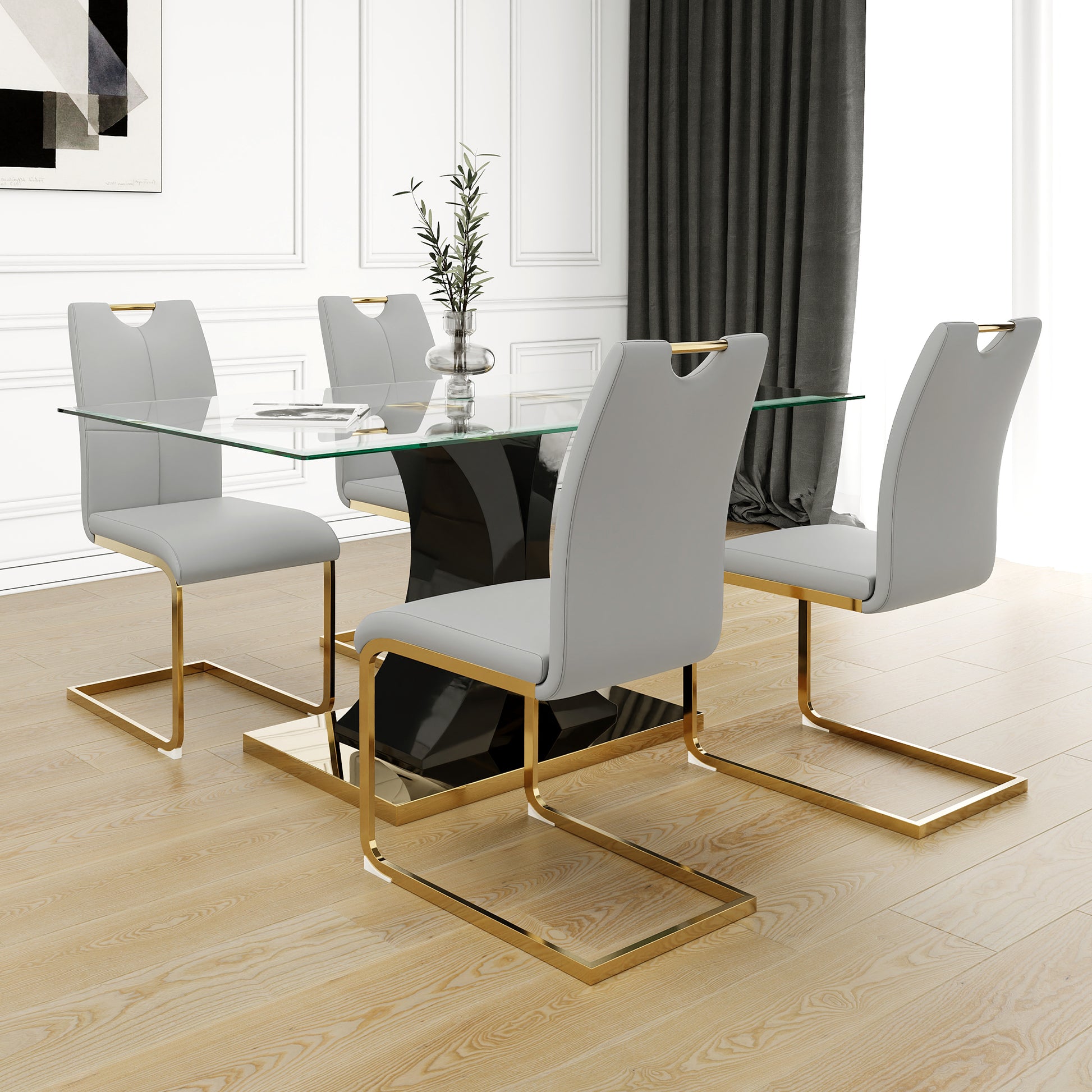 Modern Style Glass Dining Table, Elegant Transparent Design, Solid Support Base, Grey Dining Chair Set, Gold Plated Chair Legs, Suitable For Restaurant Kitchen Use Set Of 5 Grey Gold Seats 4 Mdf Glass