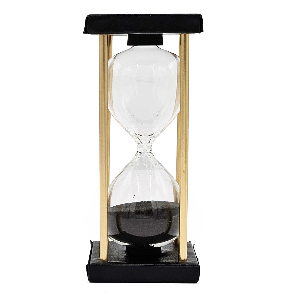 3X3X7" Stanley 15 Minute Hourglass, Framed With An Metal Stand, Black Black Glass Metal,Mdf,Pu Leather