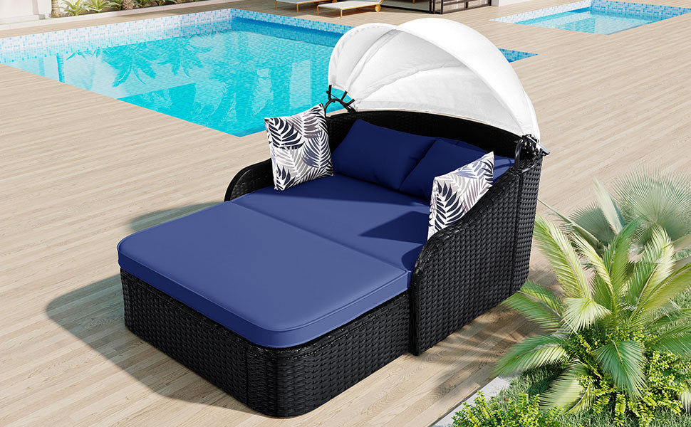 79.9" Outdoor Sunbed With Adjustable Canopy, Double Lounge, Pe Rattan Daybed, Black Wicker And Blue Cushion Yes Black Blue Wicker