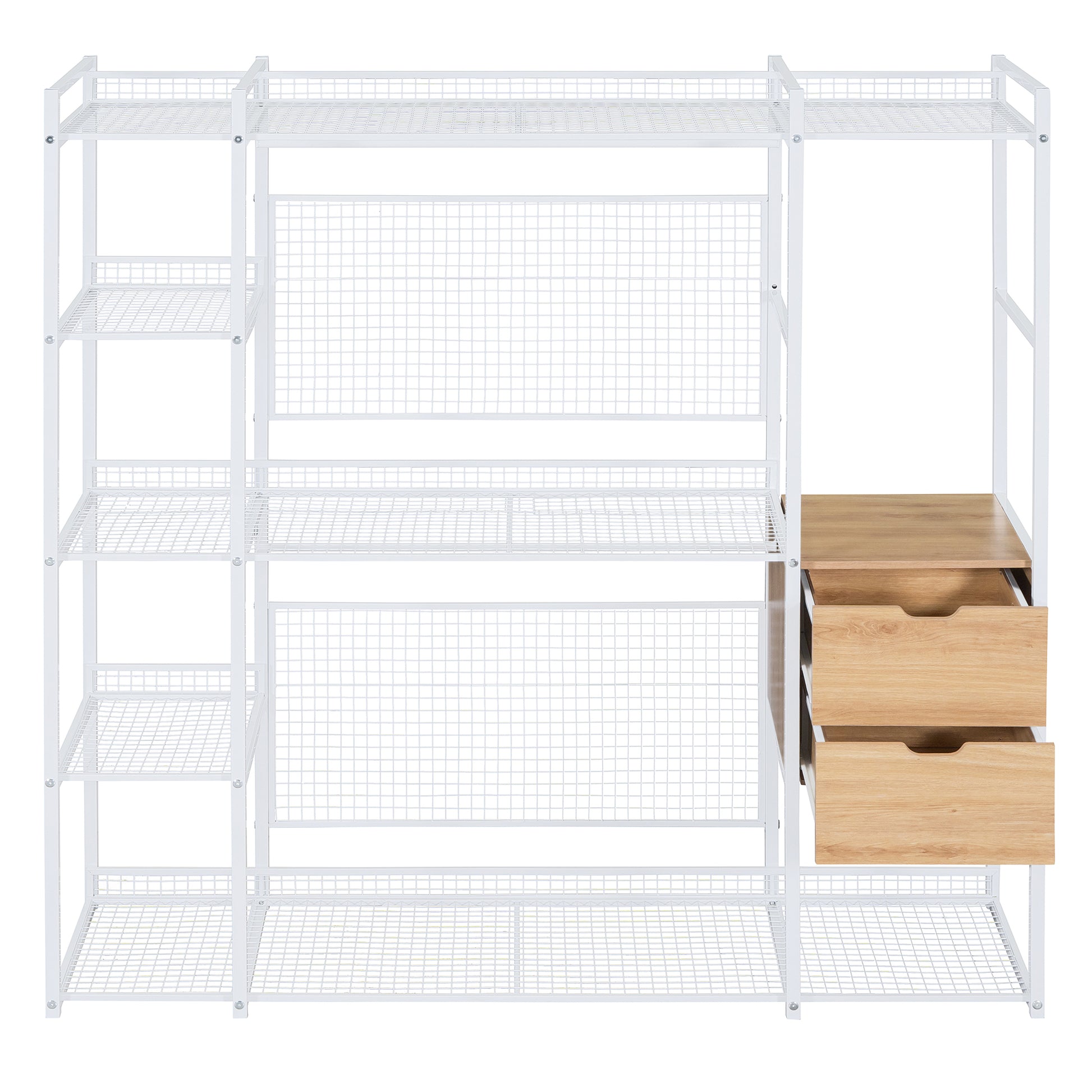 Open Style Wardrobe With Hanging Rails, Shelves And Drawers, White White Metal & Wood