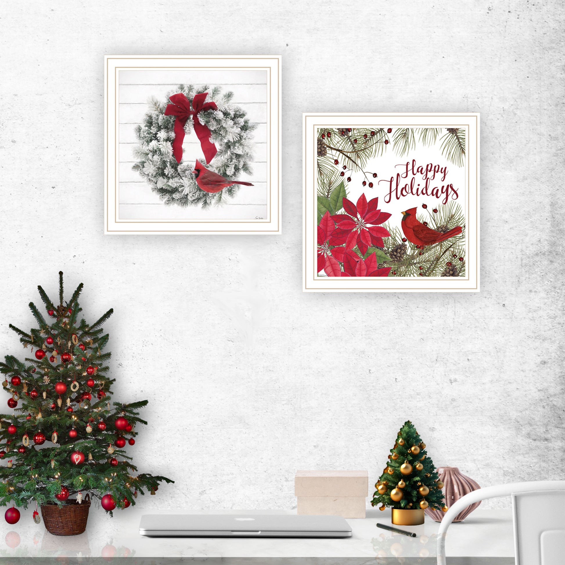 2 Piece Vignette Cardinal Wreath White Framed Wall Art For Living Room, Bedroom Wall Art Print For Home Decor By Linda Spivey Multicolor Wood Paper